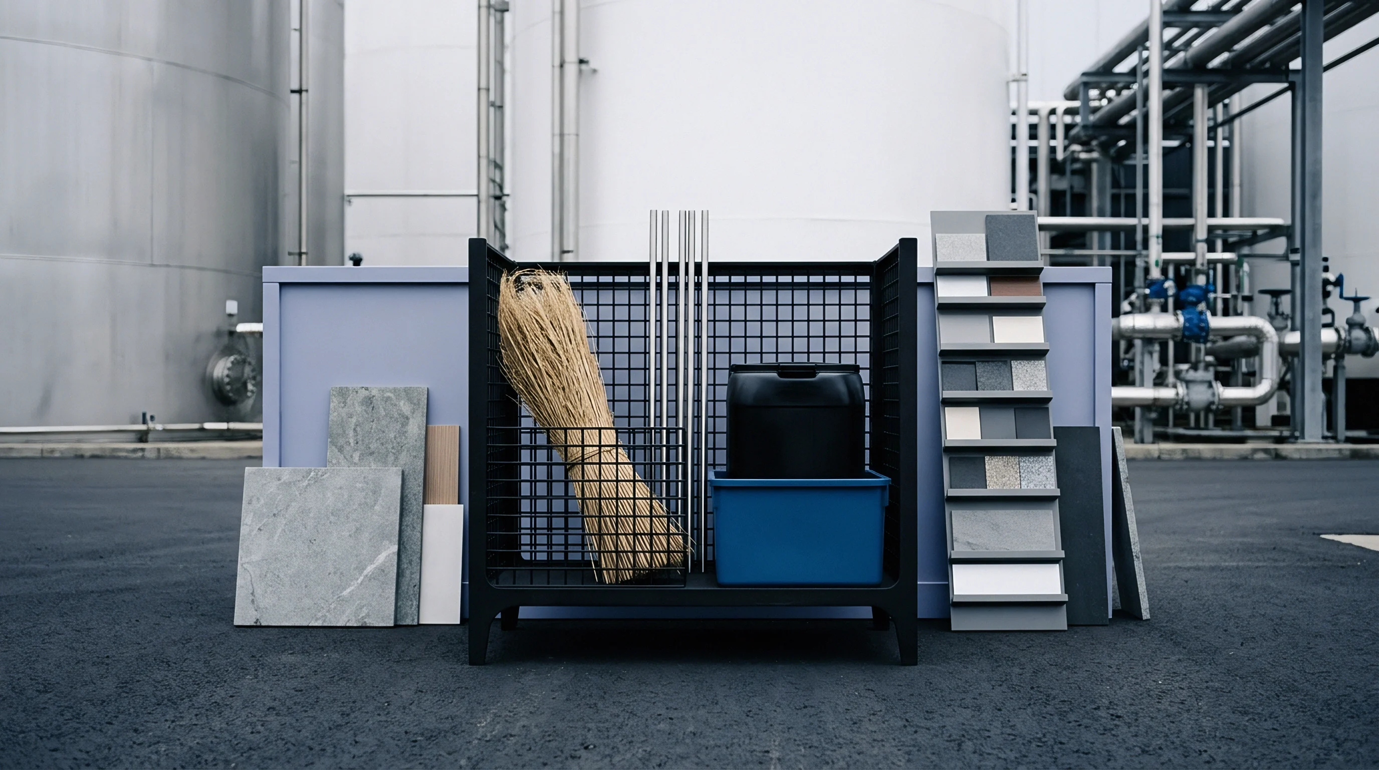 Industrial material samples including tiles metal rods fiber bundles and plastic containers stand on a transport trolley before storage tanks.