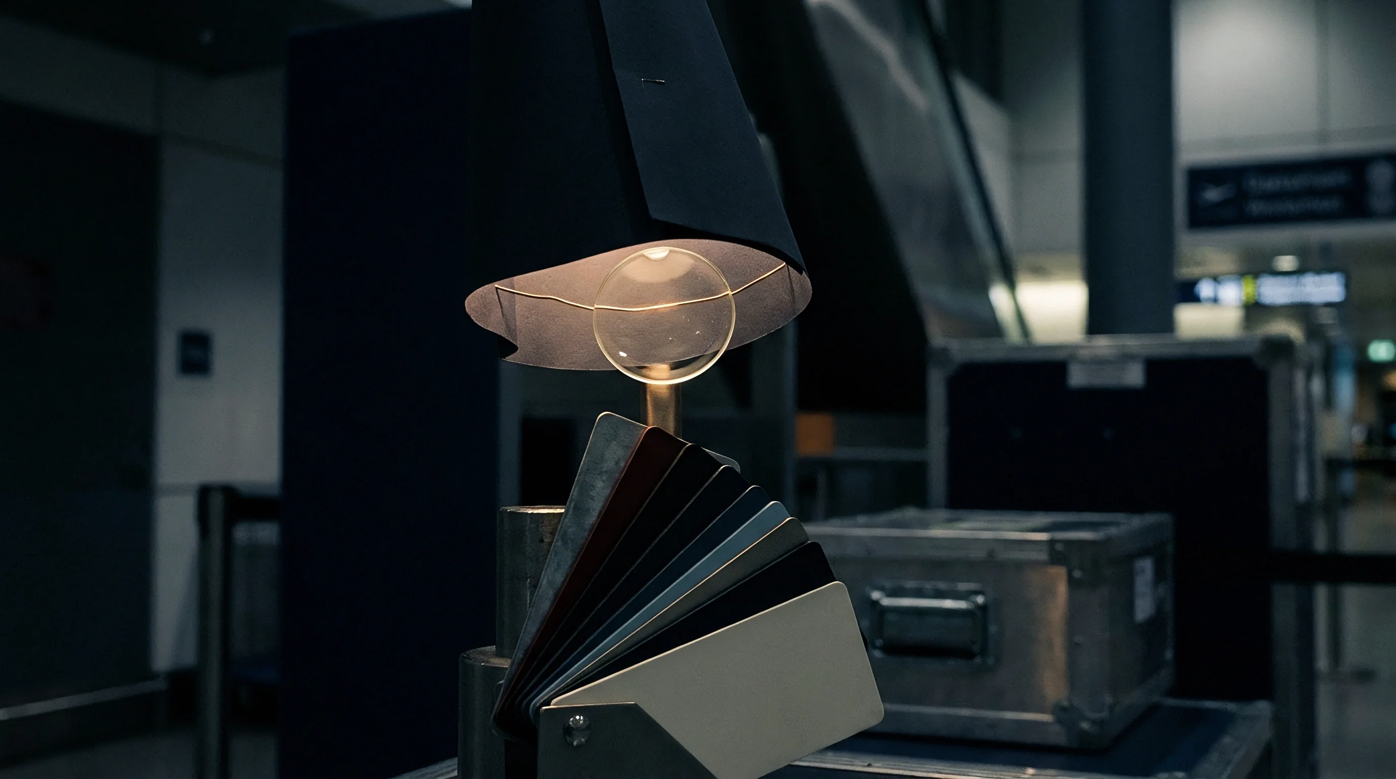 A fanned selection of industrial material swatches sits beneath a focused inspection lamp within a dimly lit cargo terminal or logistics warehouse.