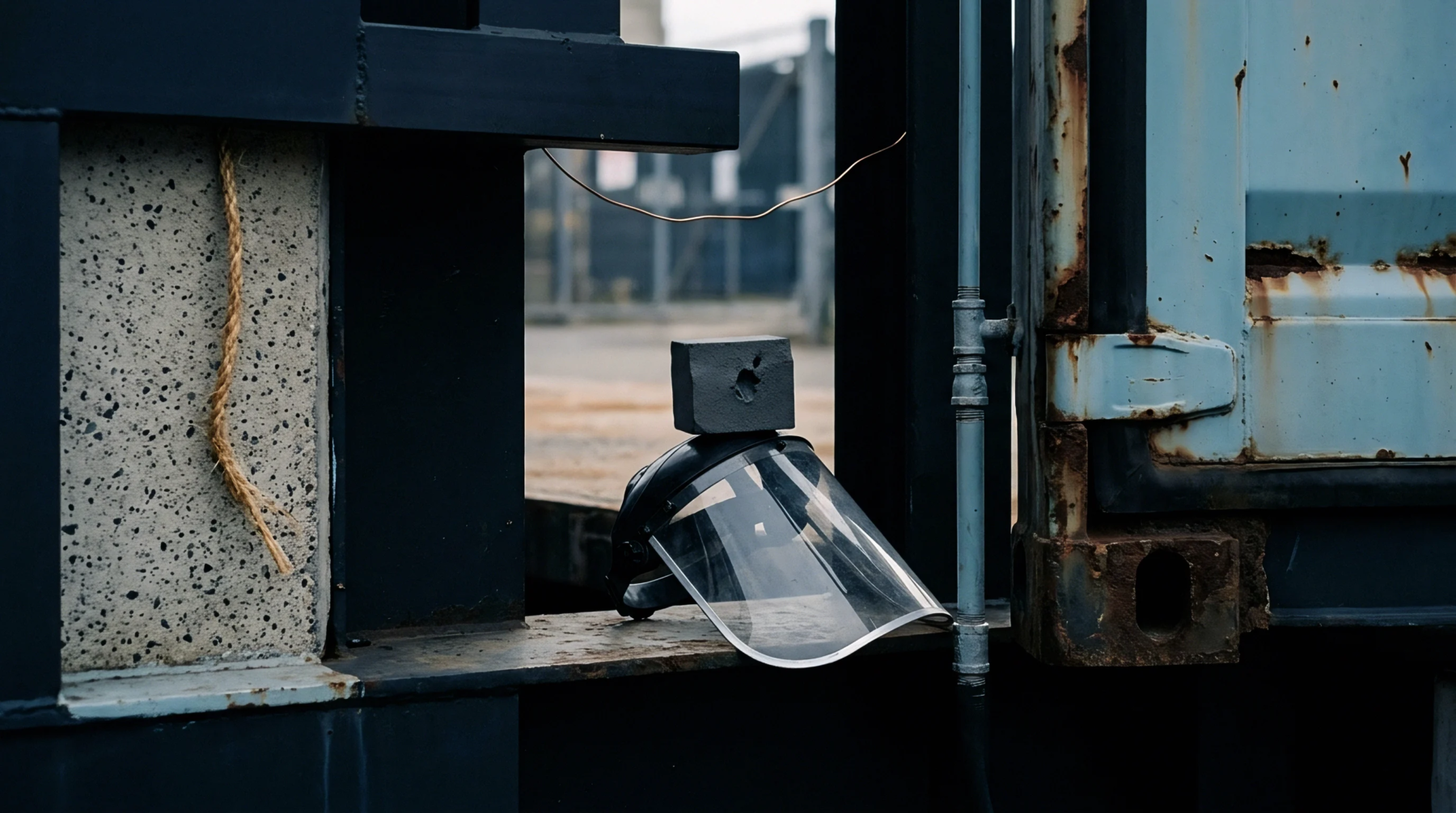 A grey material test sample rests on a clear plastic face shield positioned near industrial steel framing and a shipping container.
