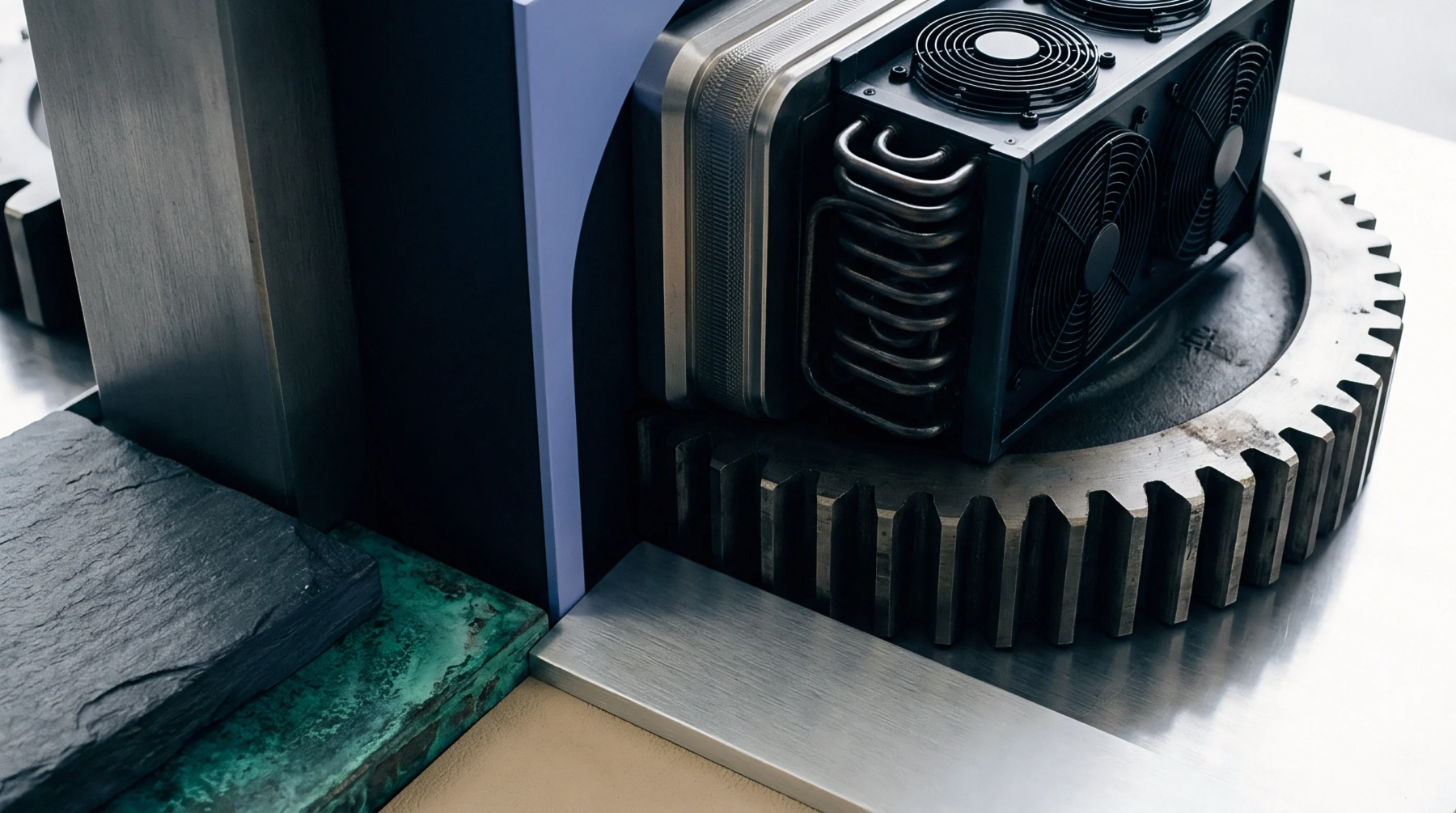 A display of diverse materials including slate stone patinated copper and a steel gear beneath an electronic cooling unit.