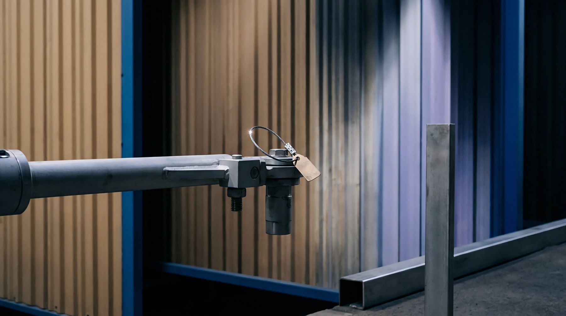 Gray metal machinery component features a wire security seal and identification tag positioned against corrugated workshop walls and a floor level beam.