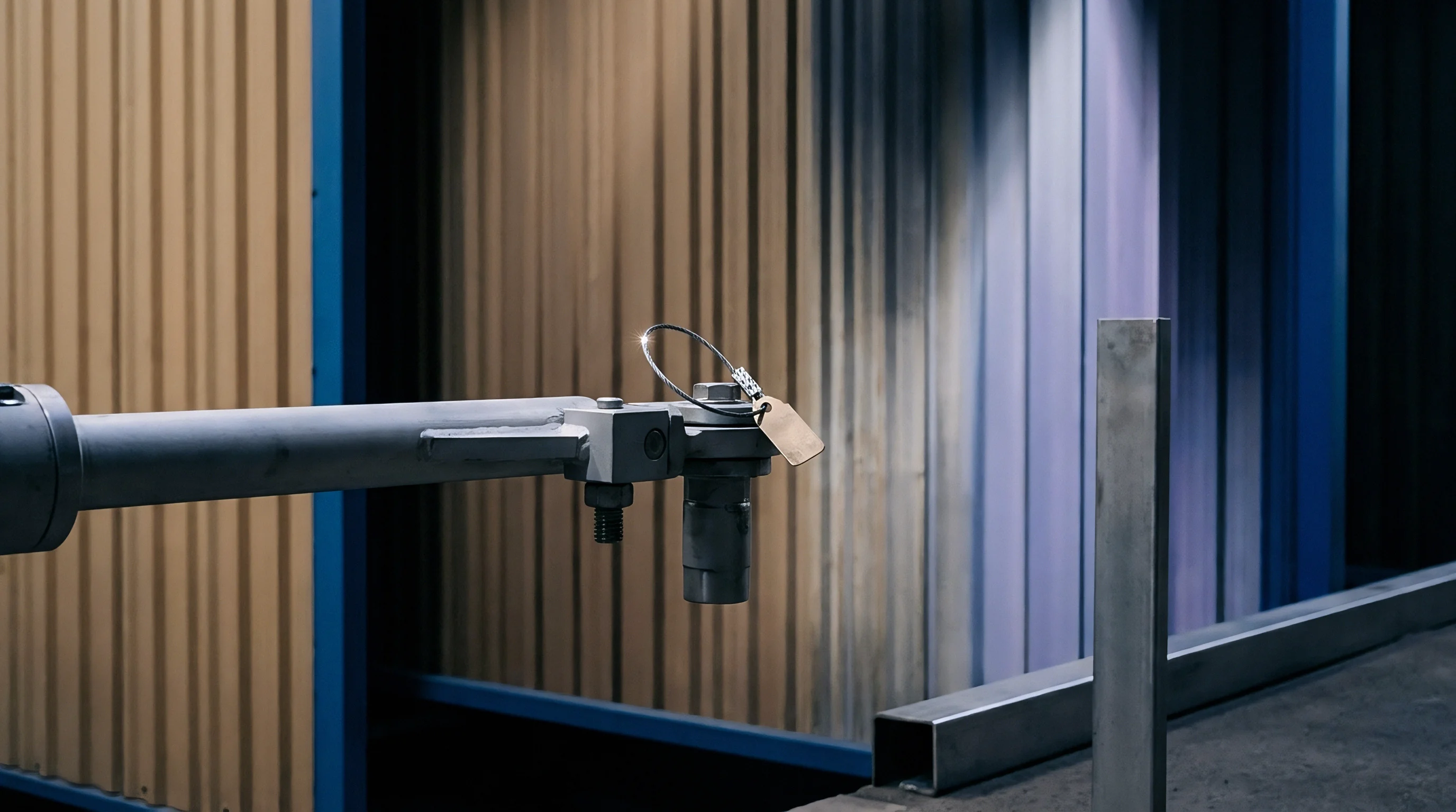 Gray metal machinery component features a wire security seal and identification tag positioned against corrugated workshop walls and a floor level beam.