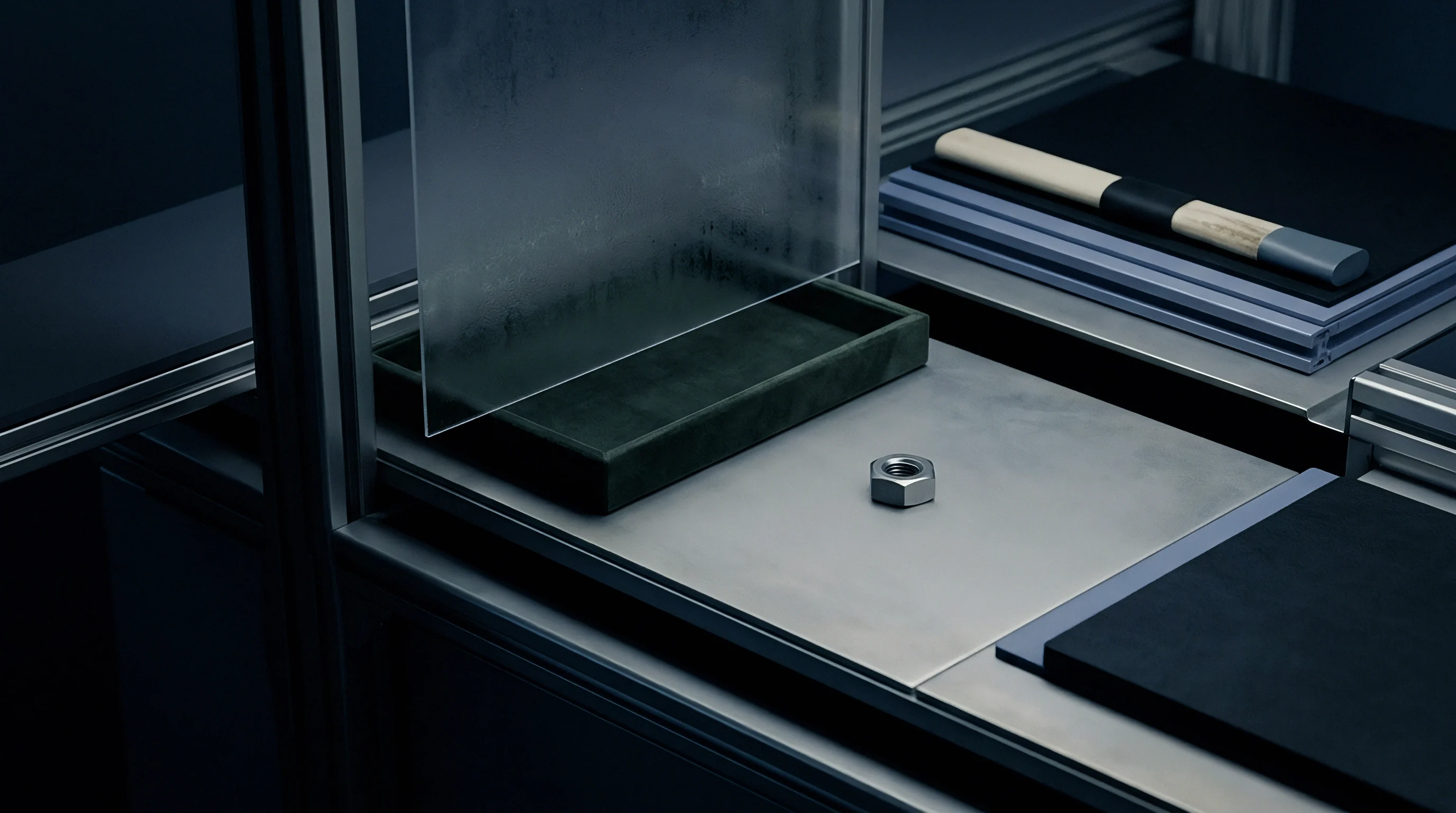 A single hexagonal metal nut rests on a brushed steel inspection surface within an aluminum framework containing a frosted glass panel.
