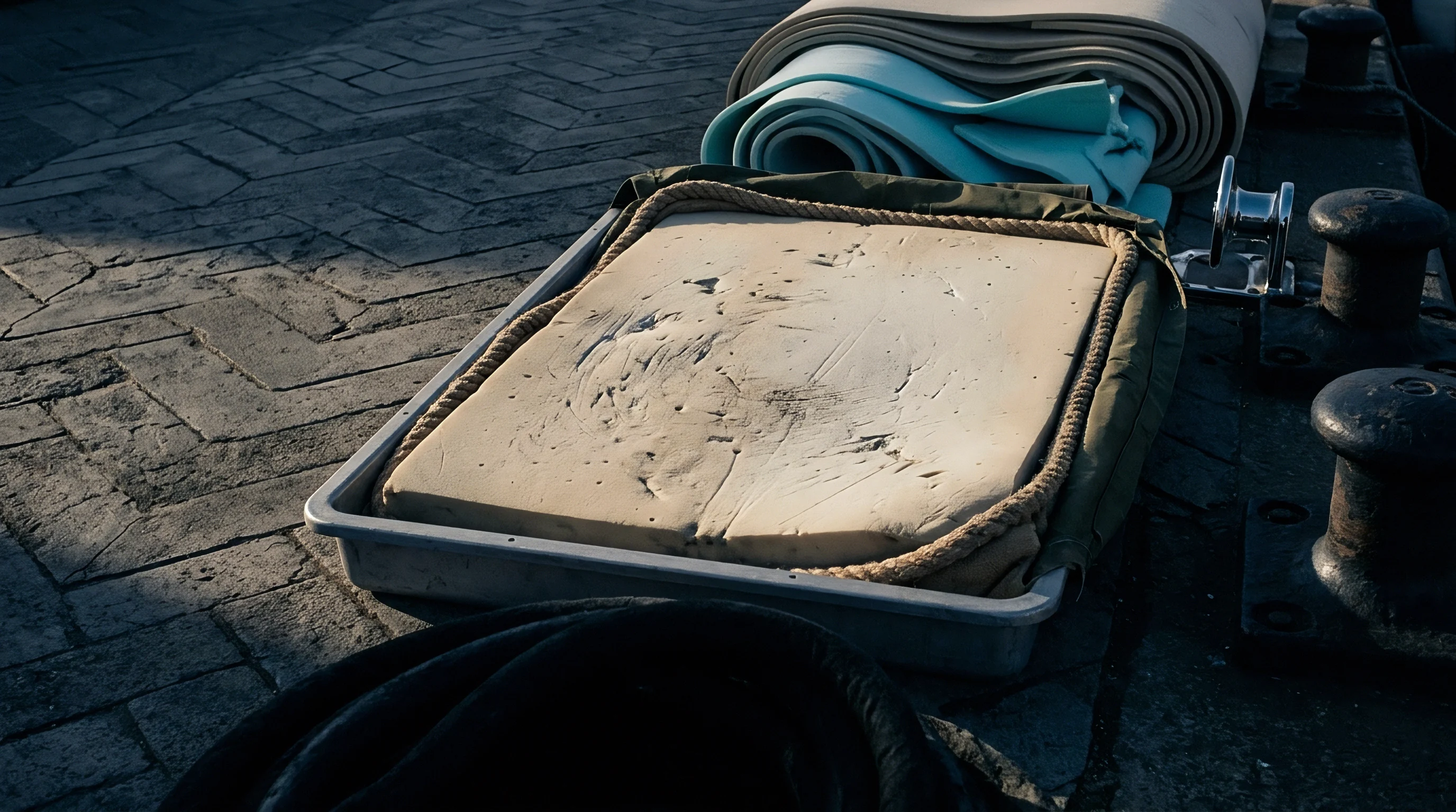 An industrial polymer foam slab sits inside a stainless steel tray on a paved dock beside rolls of synthetic protective padding material.