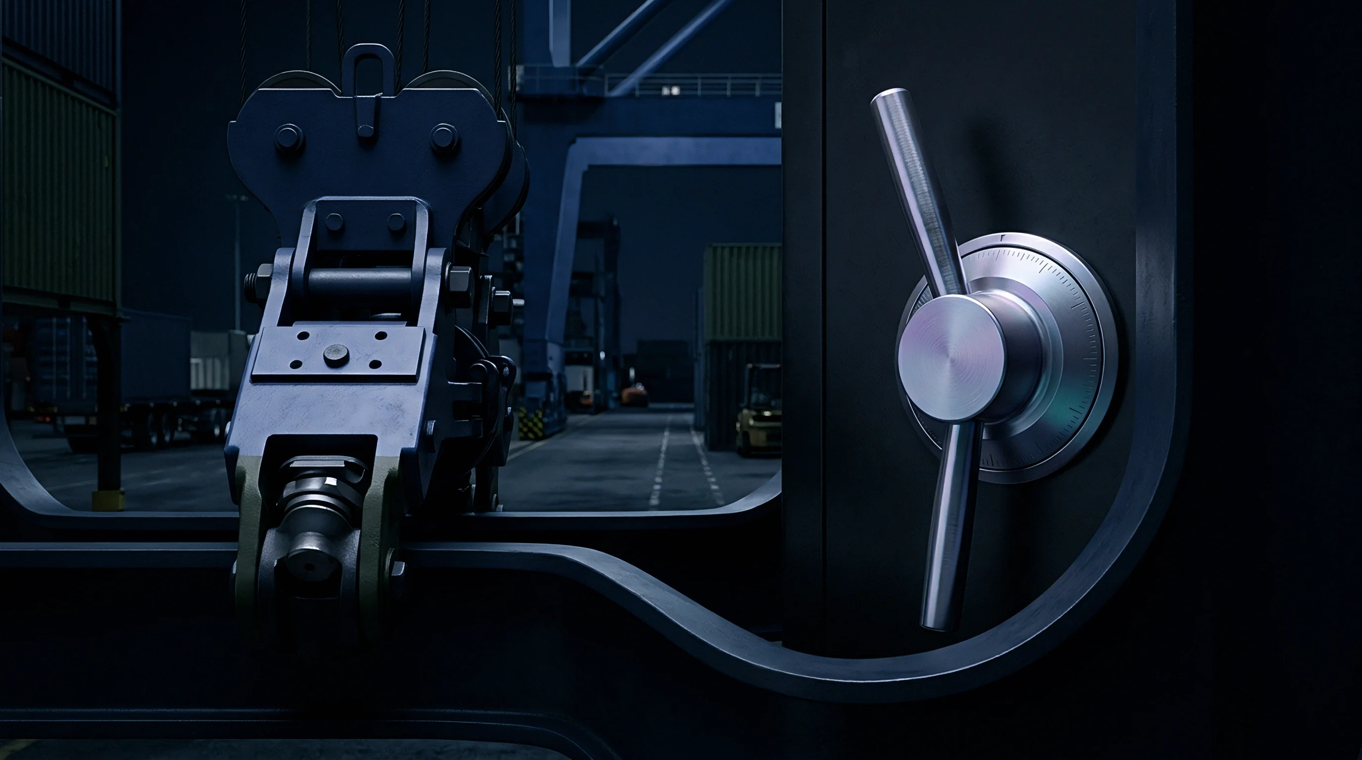 A heavy steel container spreader mechanism stands beside a massive industrial vault door inside a port terminal at night.
