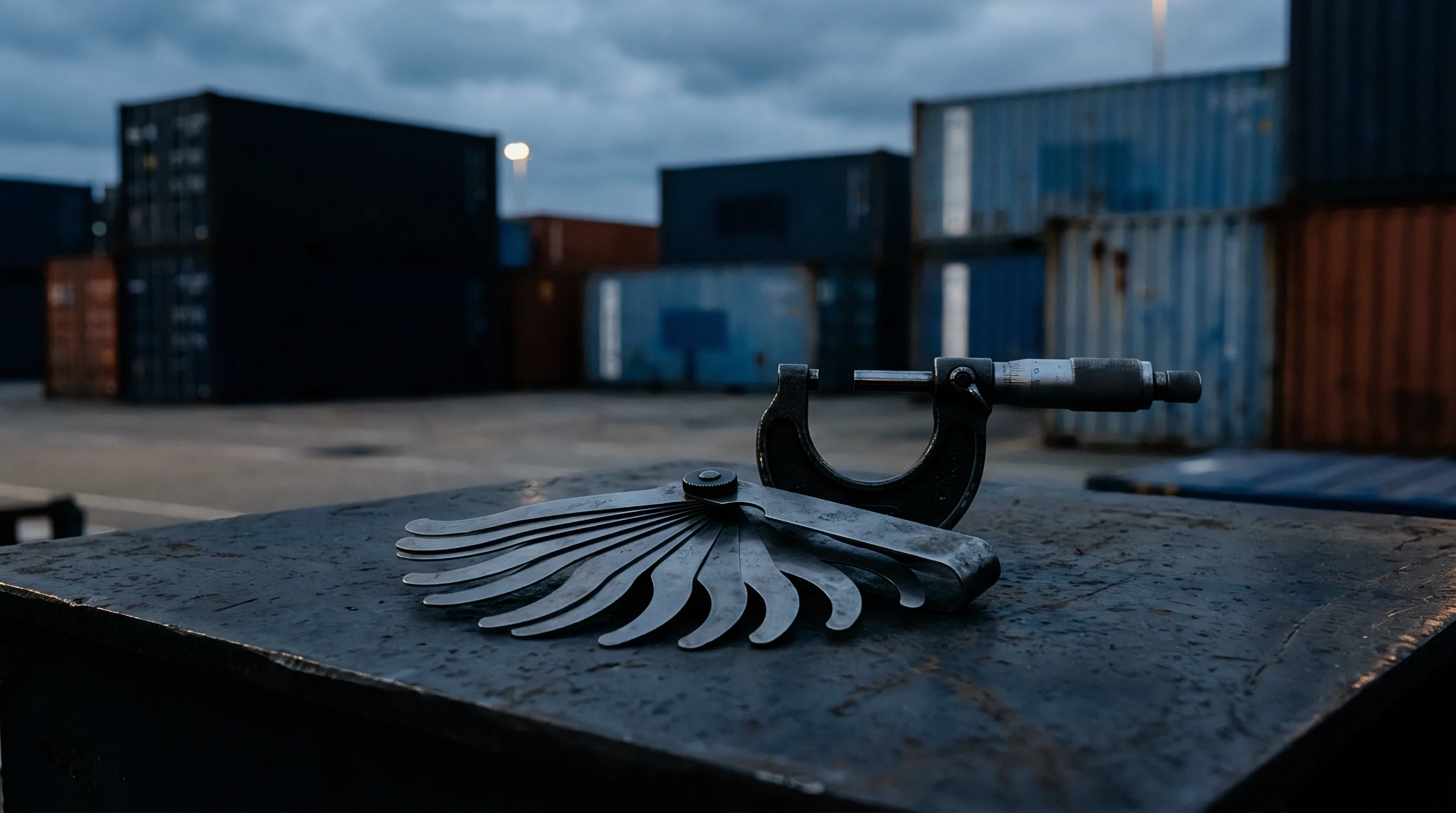 A stainless steel micrometer and radius gauge rest upon a dark metal surface outside a logistics shipping yard.