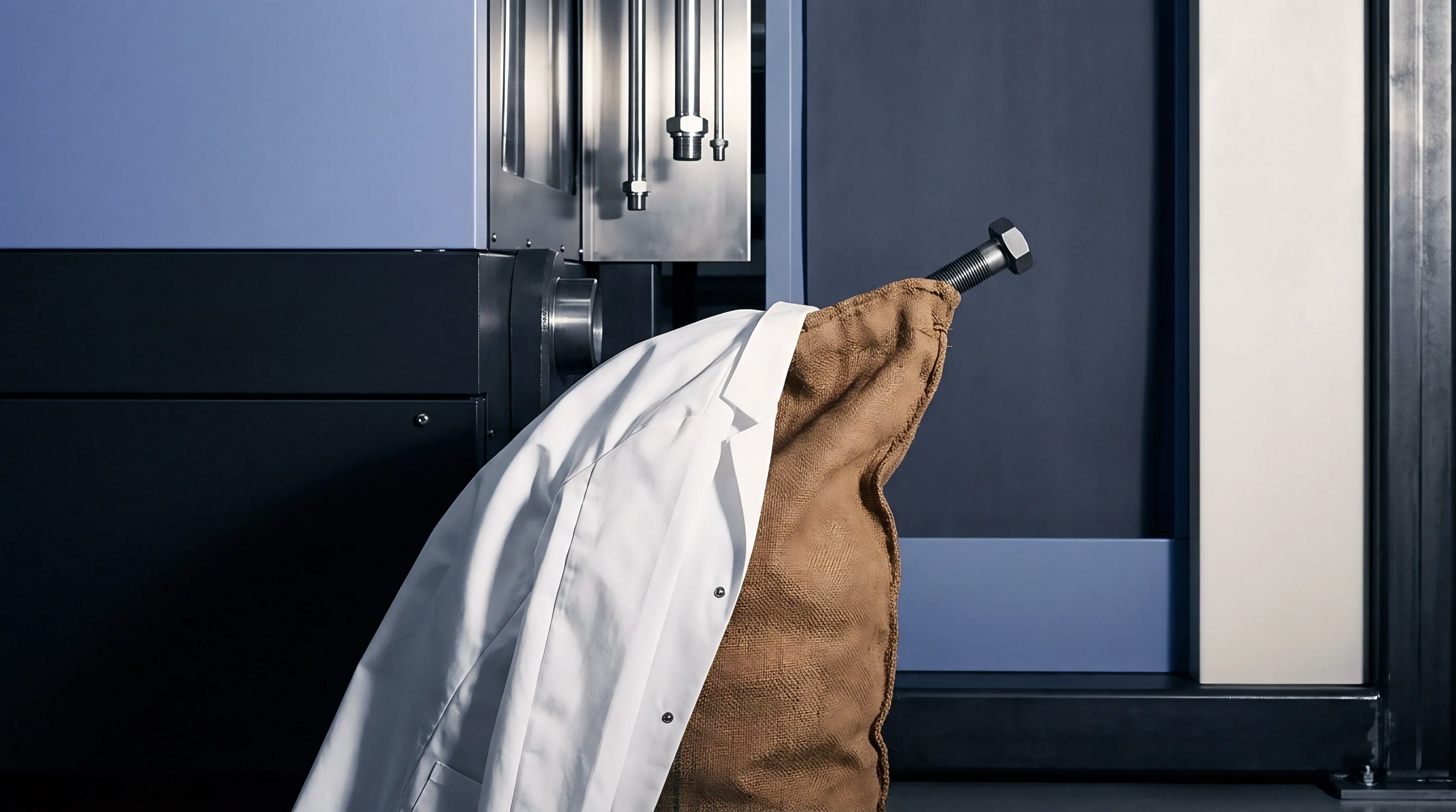 A woven textile sack containing a heavy steel fastener stands beside a white lab coat near industrial machinery panels.