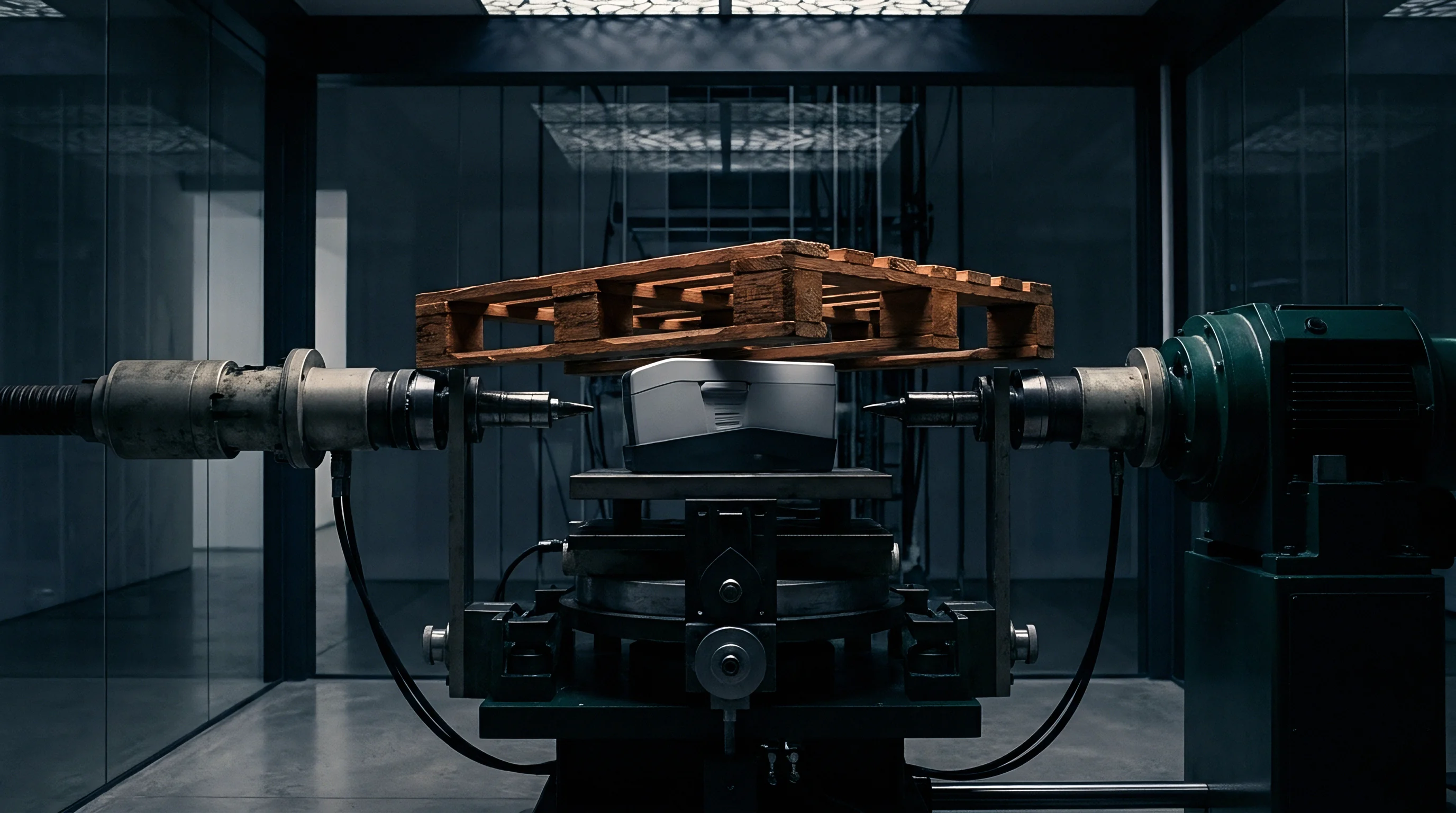 An automated testing apparatus features a wooden pallet positioned above a gray box on a rotating platform within a modern industrial facility.