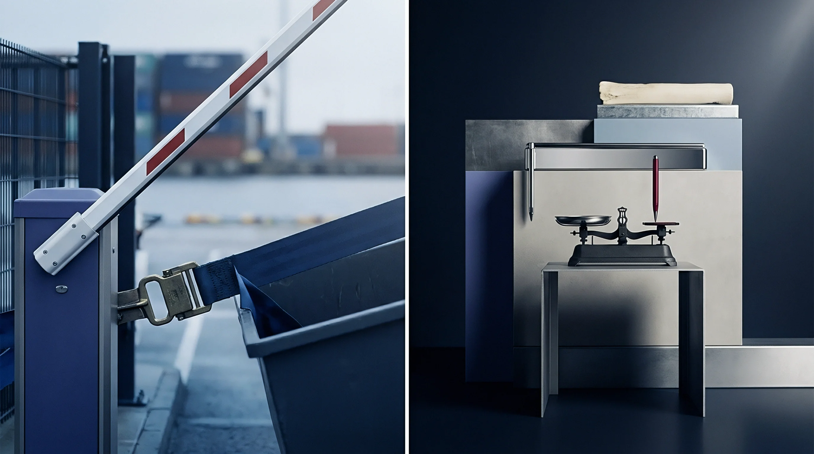 A split composition displays a raised harbor security barrier next to a stylized balance scale supporting a single red pen.