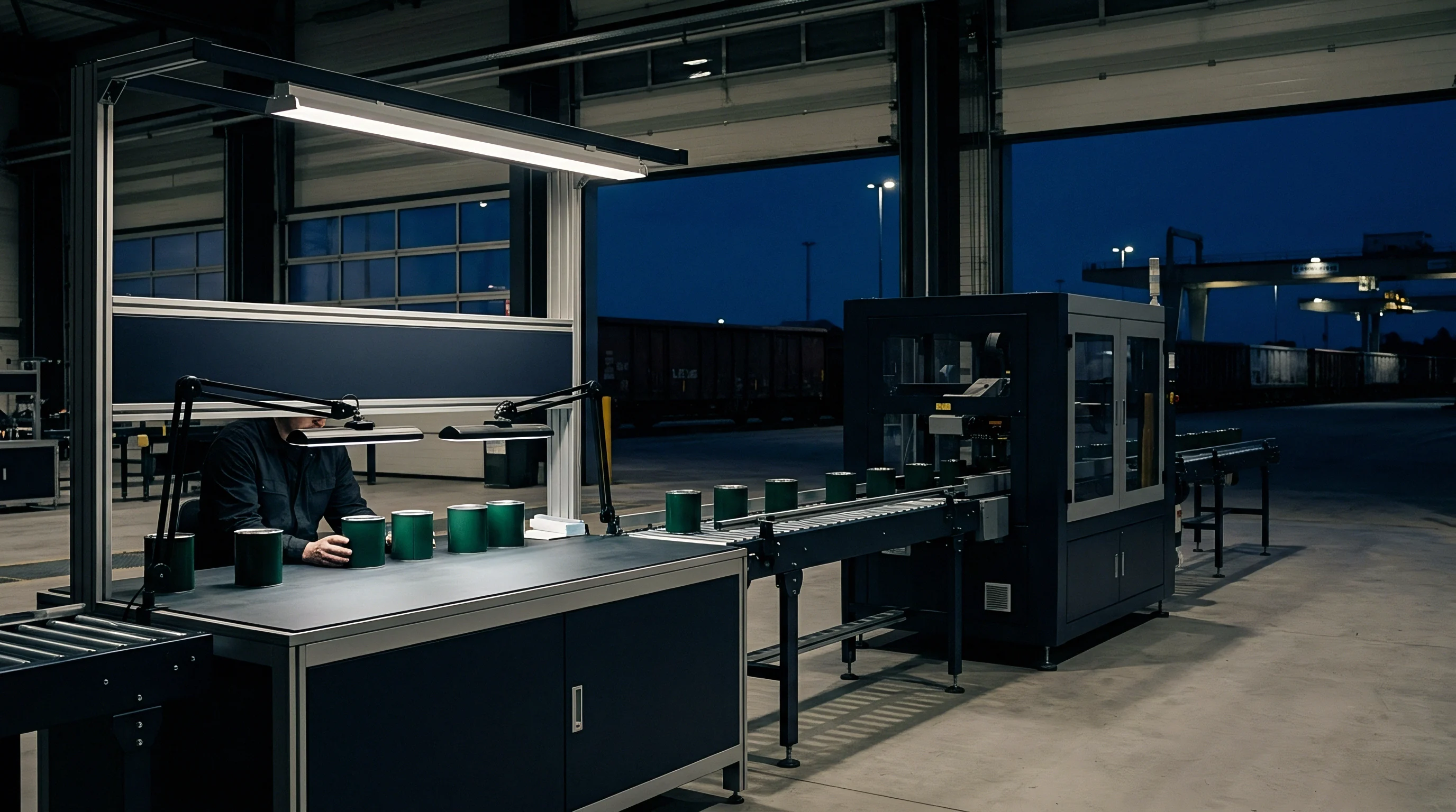 An operator at a lighted workstation manually inspects green canisters next to an automated conveyor belt and packaging machine in a manufacturing warehouse.