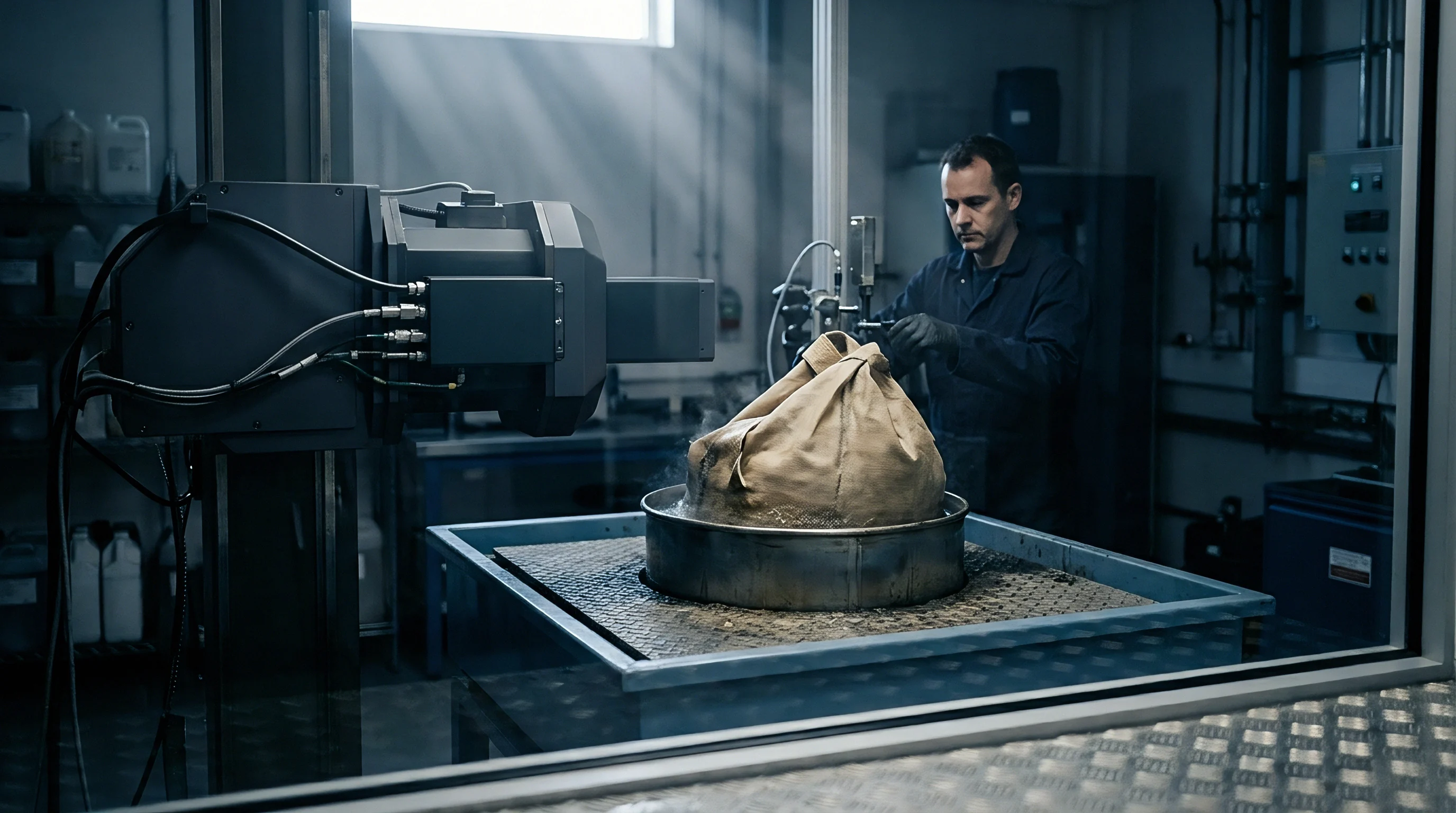 Industrial technician monitors quality inspection procedures while a fabric container sits inside a testing basin within a manufacturing plant.