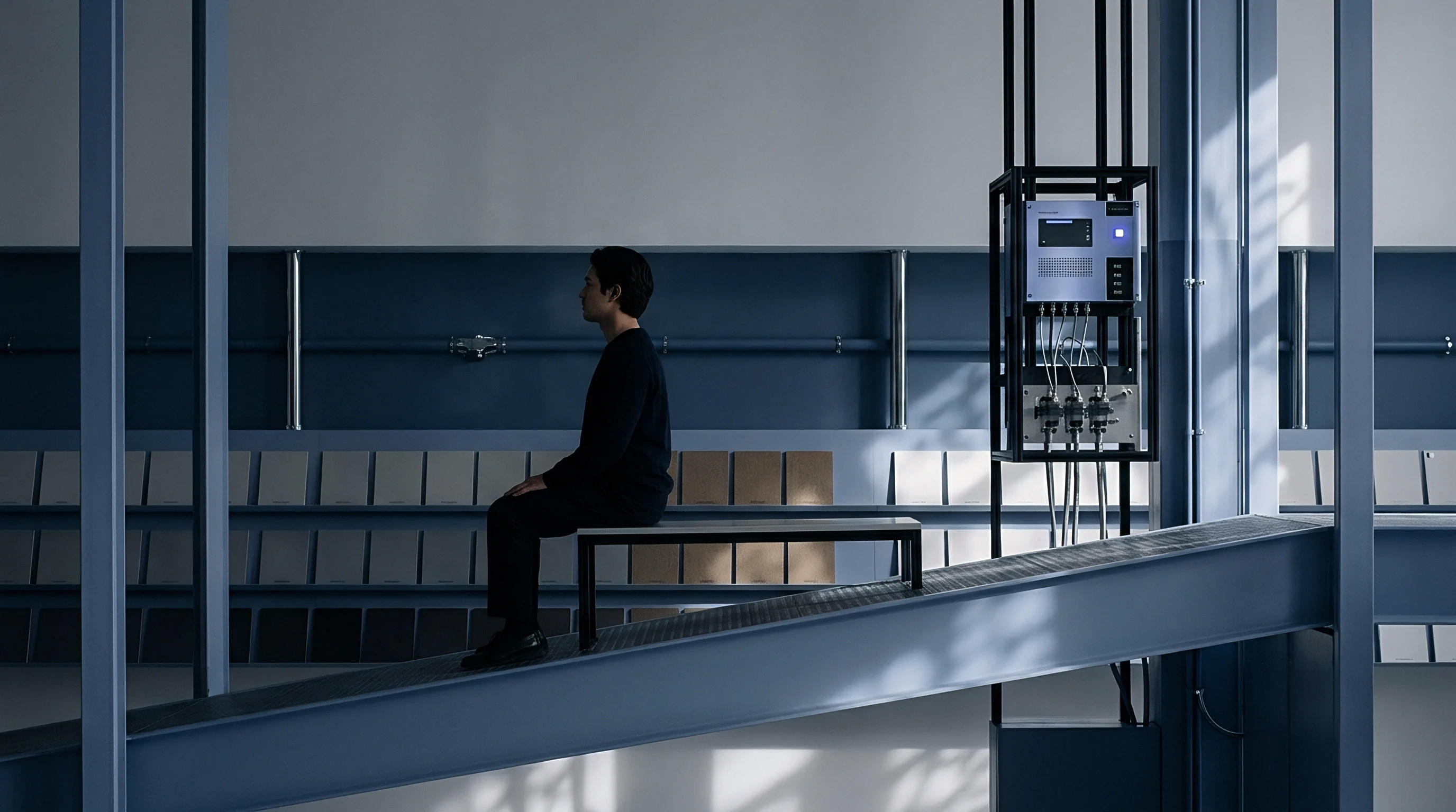 A technician sits on a metal bench positioned on a steel ramp inside an industrial testing laboratory with color reference boards.
