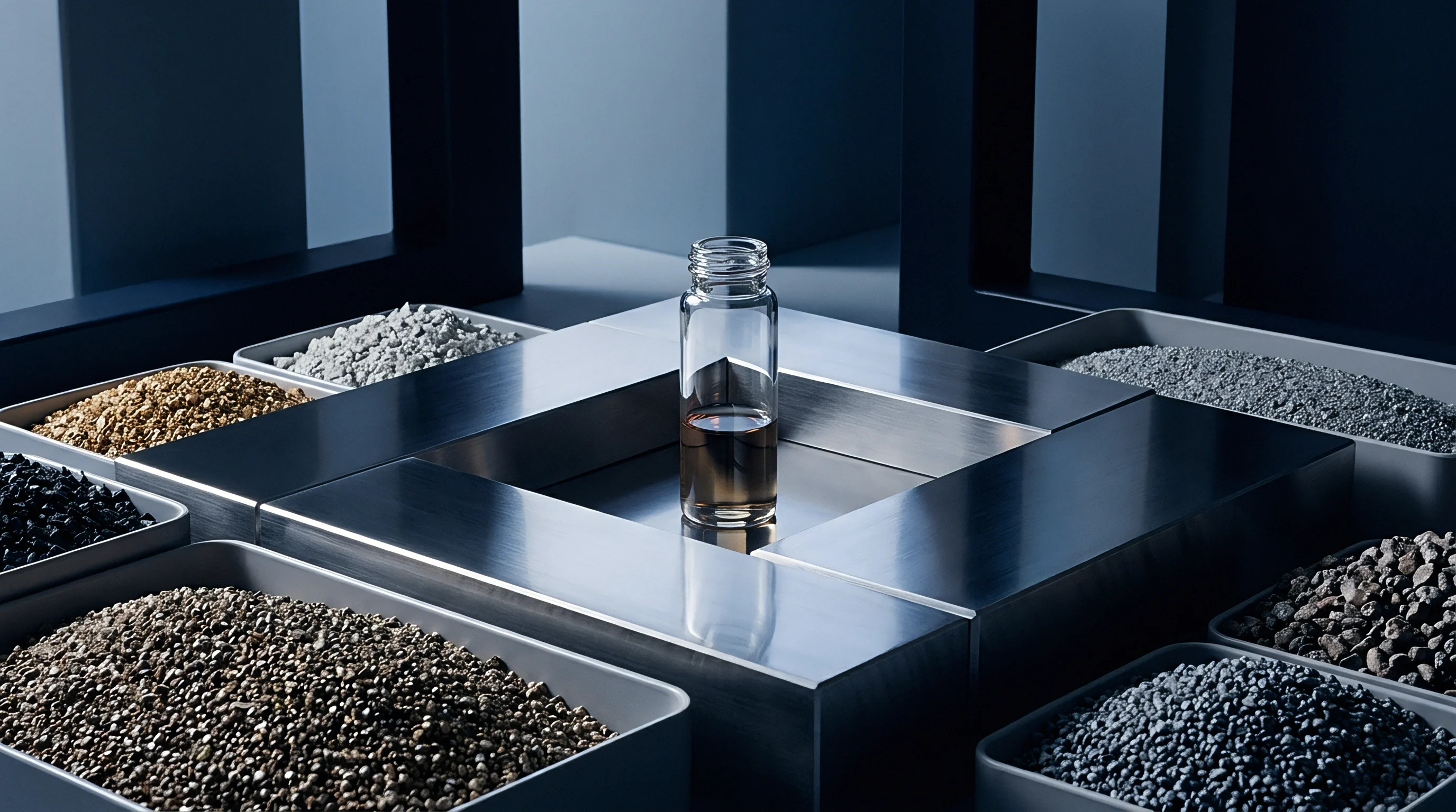 A digital render shows solid particulate raw materials in trays surrounding a central vial holding a dark liquid extract.