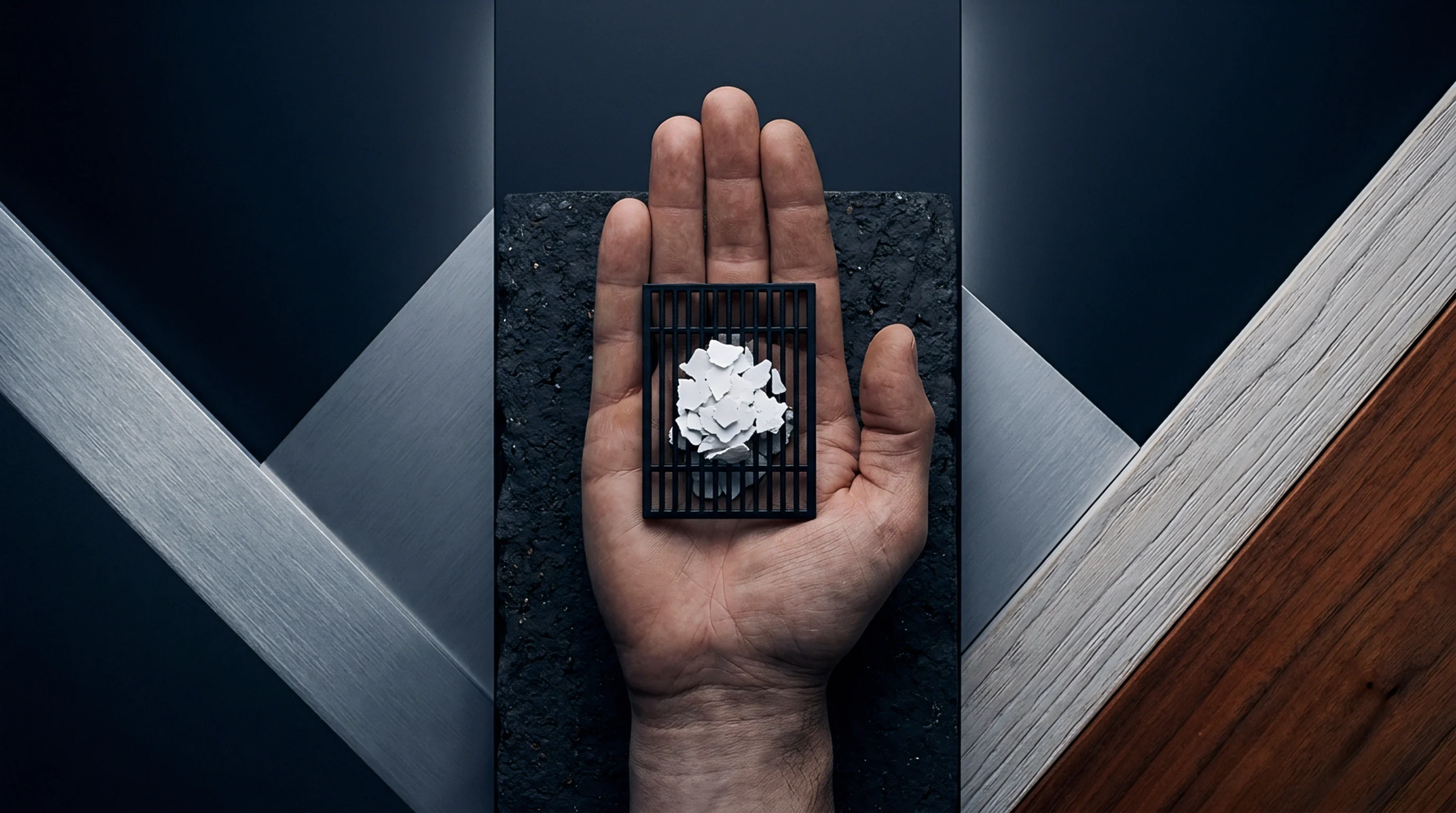 An open human palm holds a square grid containing white material flakes against a structured backdrop of stone, metal, and wood grain surfaces.