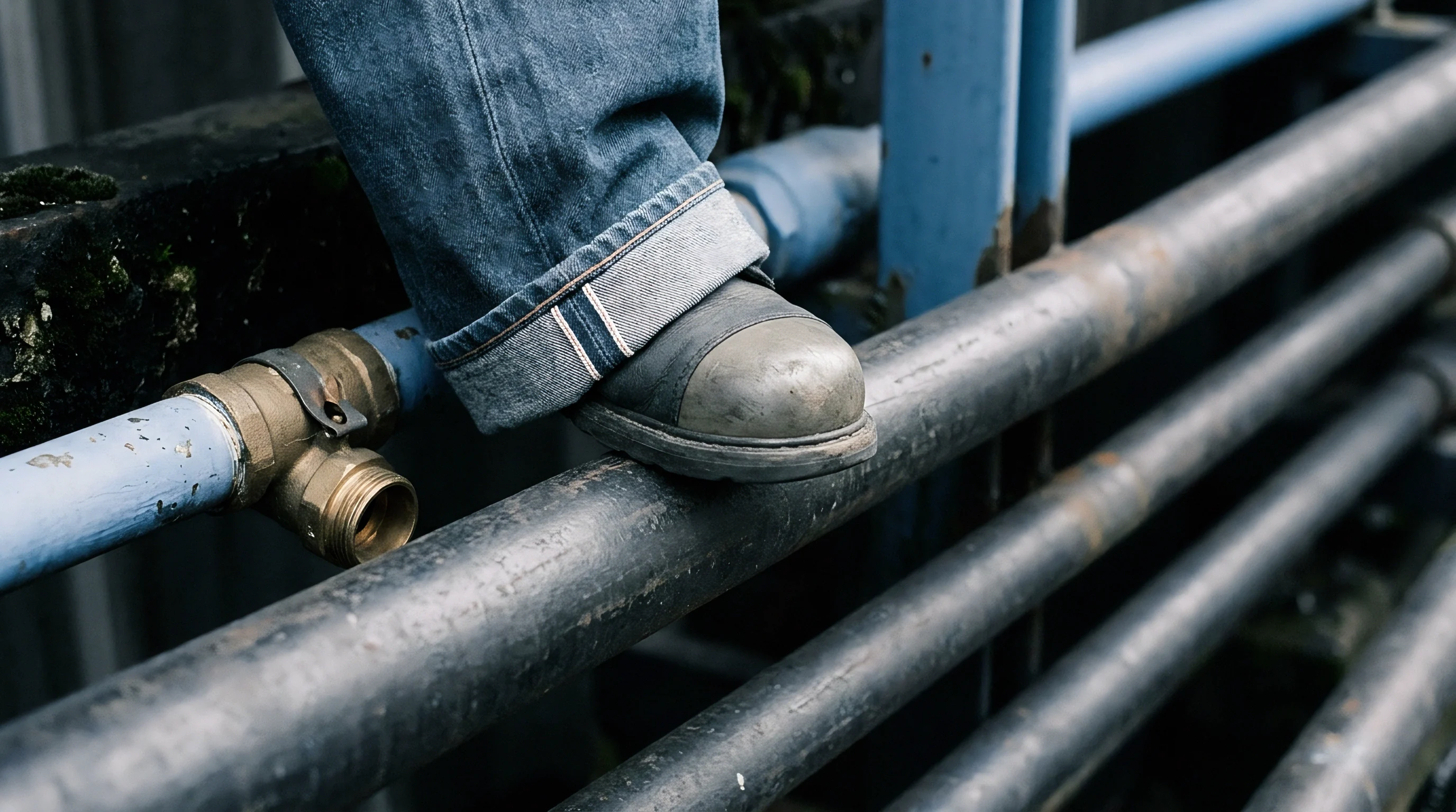 A worker wearing denim jeans and protective steel toe boots stands on metal industrial piping within a manufacturing facility.