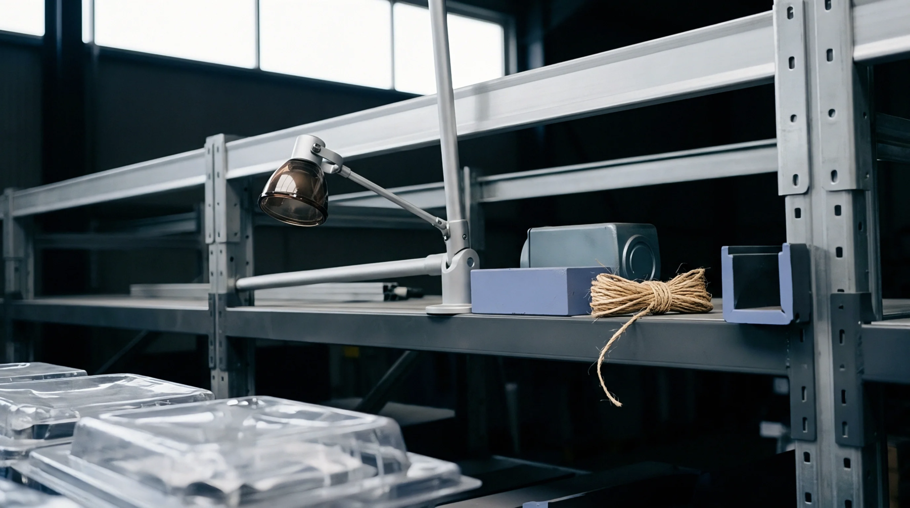 A silver adjustable lamp attaches to metal industrial shelving holding a blue rectangular box and a bundle of natural fiber twine.