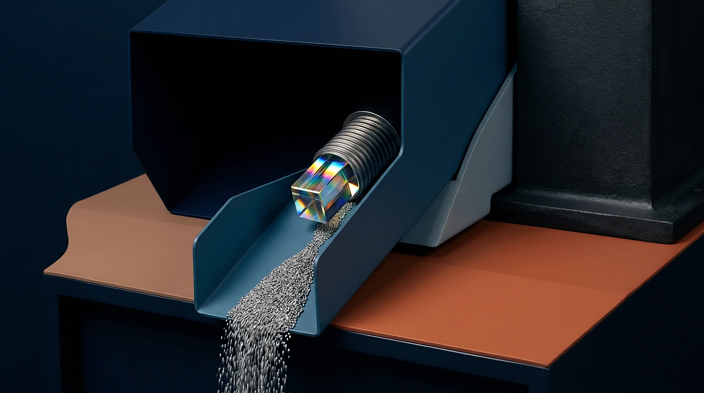 A digital render displays a square glass prism and grey metal pellets flowing down a blue chute from a cylindrical feed tube.