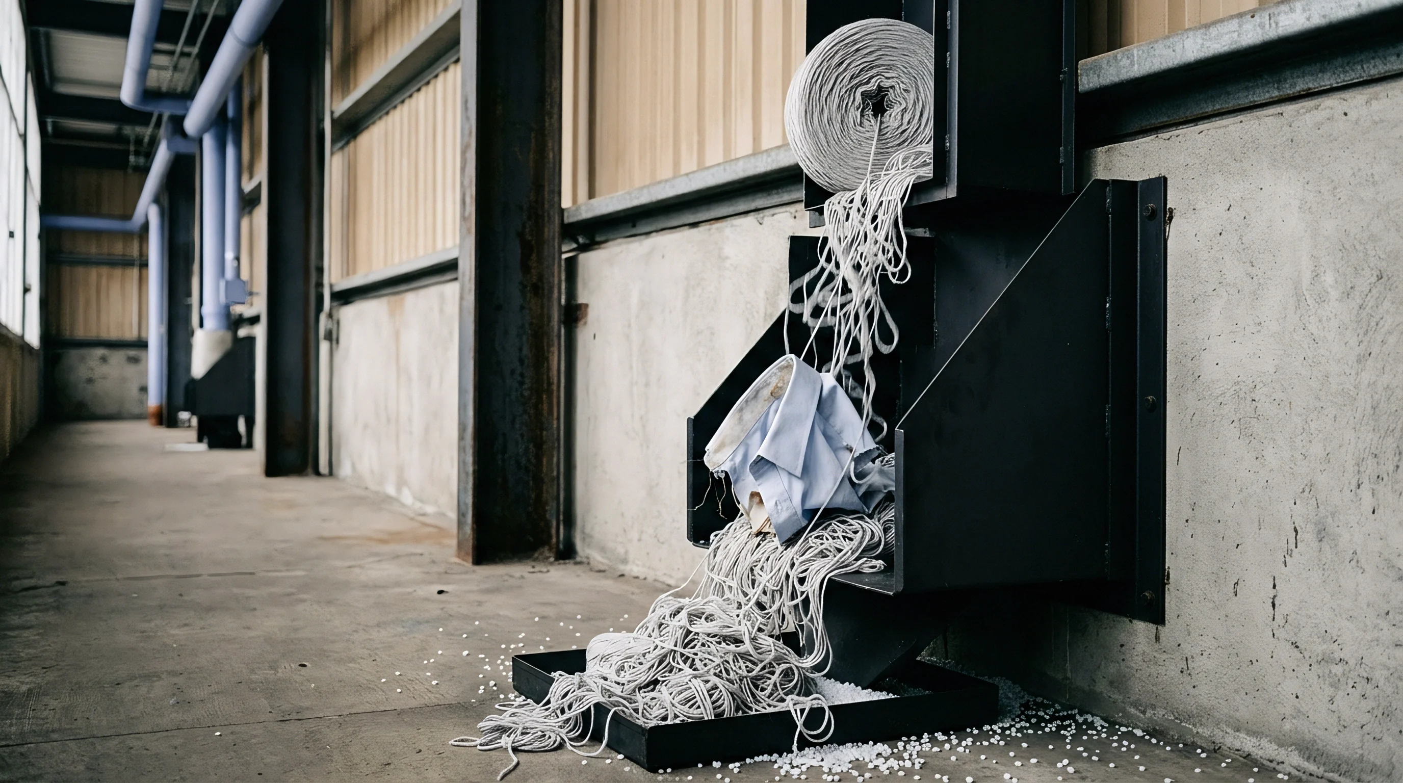 A light blue collared shirt sits in a black metal chute surrounded by white textile fibers and synthetic yarn in an industrial warehouse.