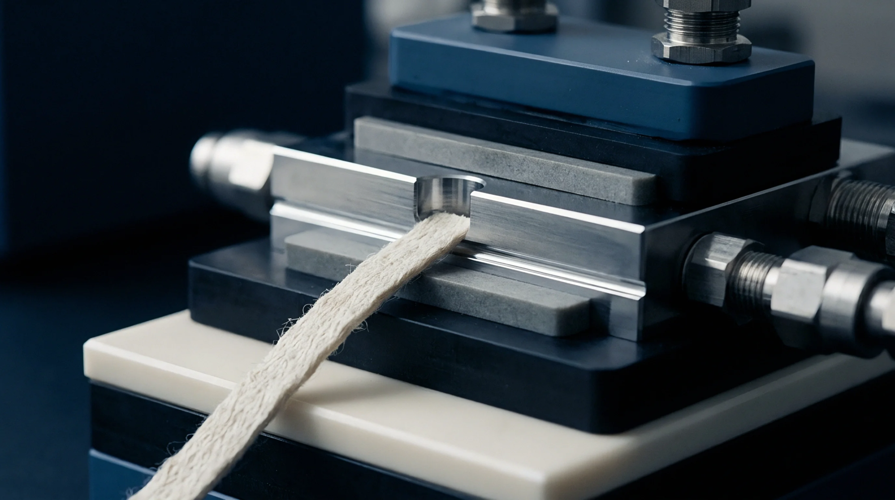 A braided fiber strip enters a precision metallic clamp integrated within a specialized industrial materials testing laboratory apparatus for structural analysis.