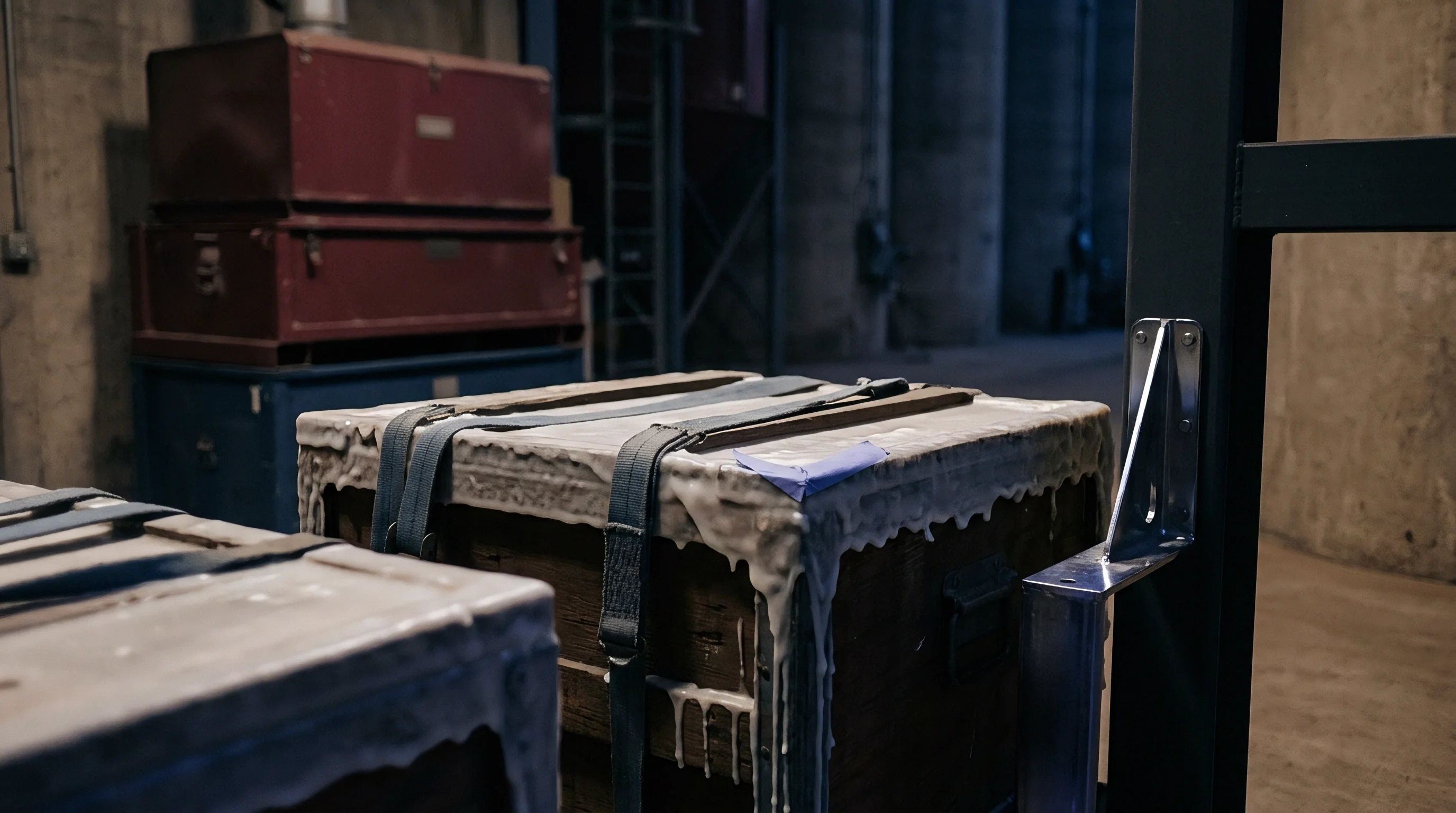 Heavy wooden shipping crates sealed with thick protective wax coatings and secured by synthetic straps sit in an industrial warehouse storage area.