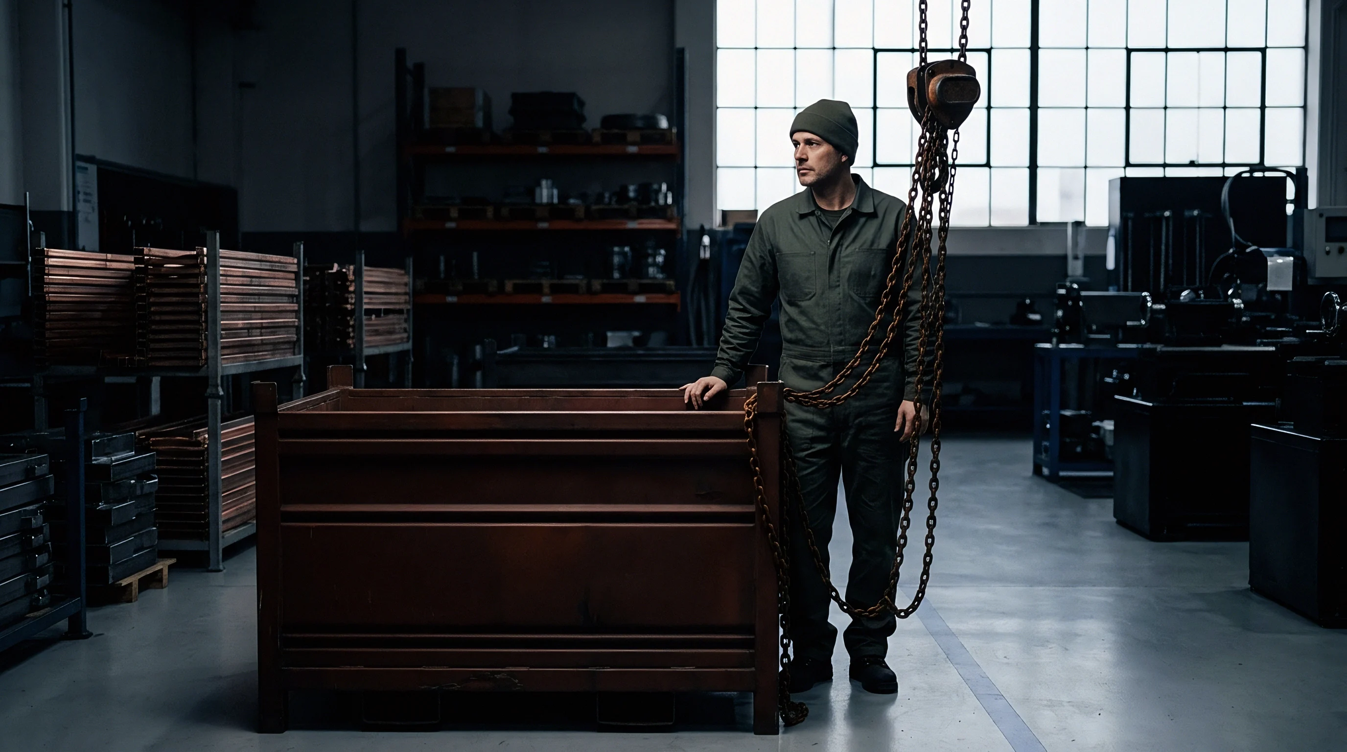 A manufacturing worker stands beside a heavy metal storage bin with a lifting chain draped over his shoulder in an industrial workshop.