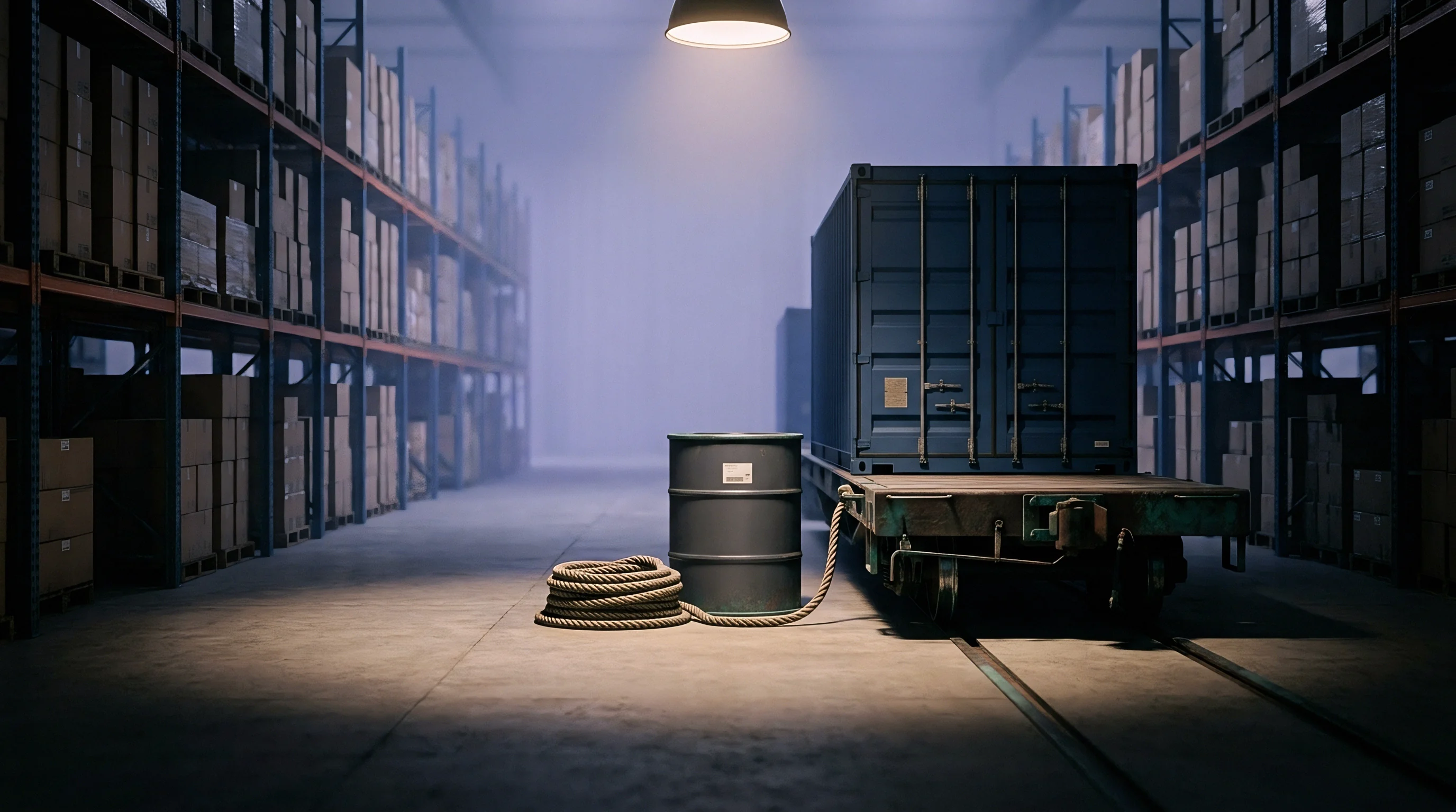 A rendered illustration shows a dark blue intermodal shipping container on a rail flatcar in an industrial warehouse, accompanied by a barrel and coiled rope.