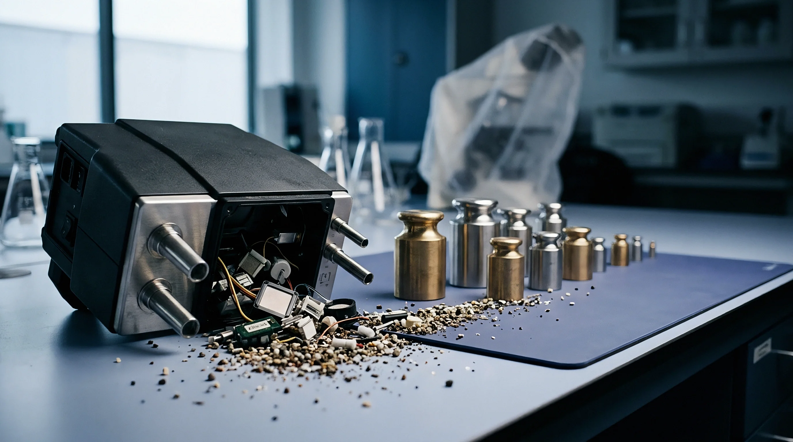 A disassembled testing instrument rests on a workbench beside scattered small electronic components and sorted calibration weights in a laboratory.
