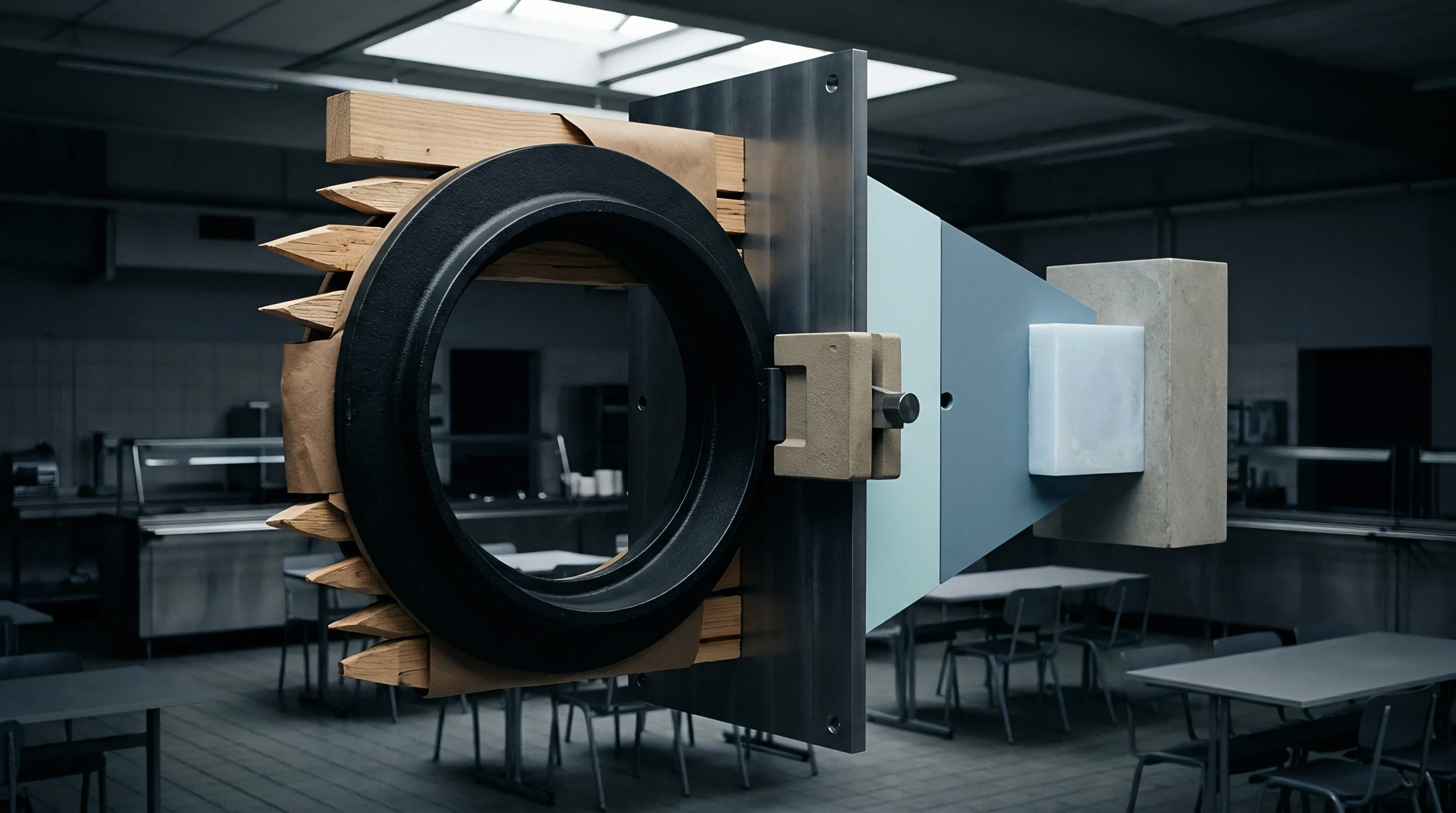 A cross section of a multi material industrial assembly floats above tables inside an empty workshop illuminated by overhead skylights.