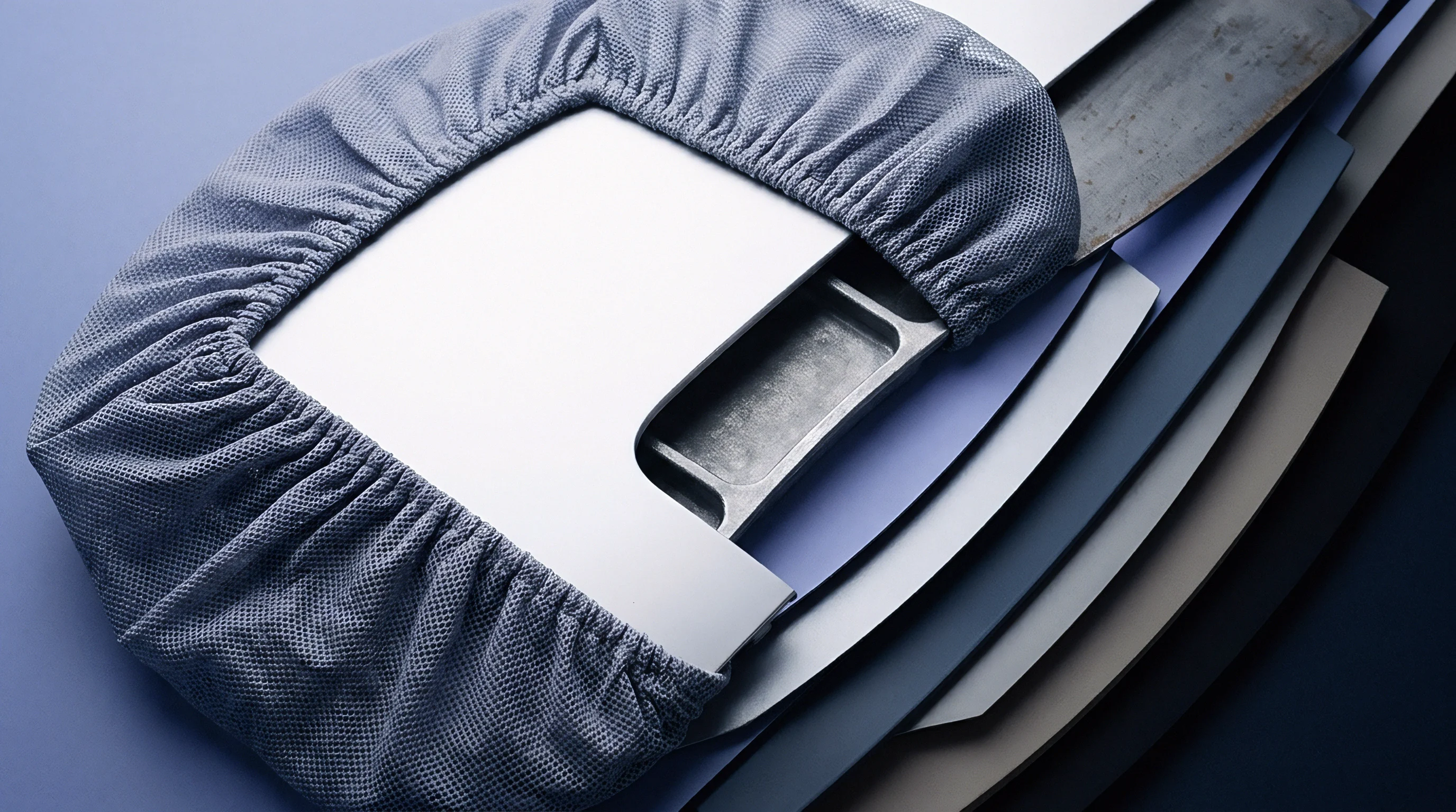 Stacked metallic panels and textured protective covers rest on a blue surface during material inspection procedures.