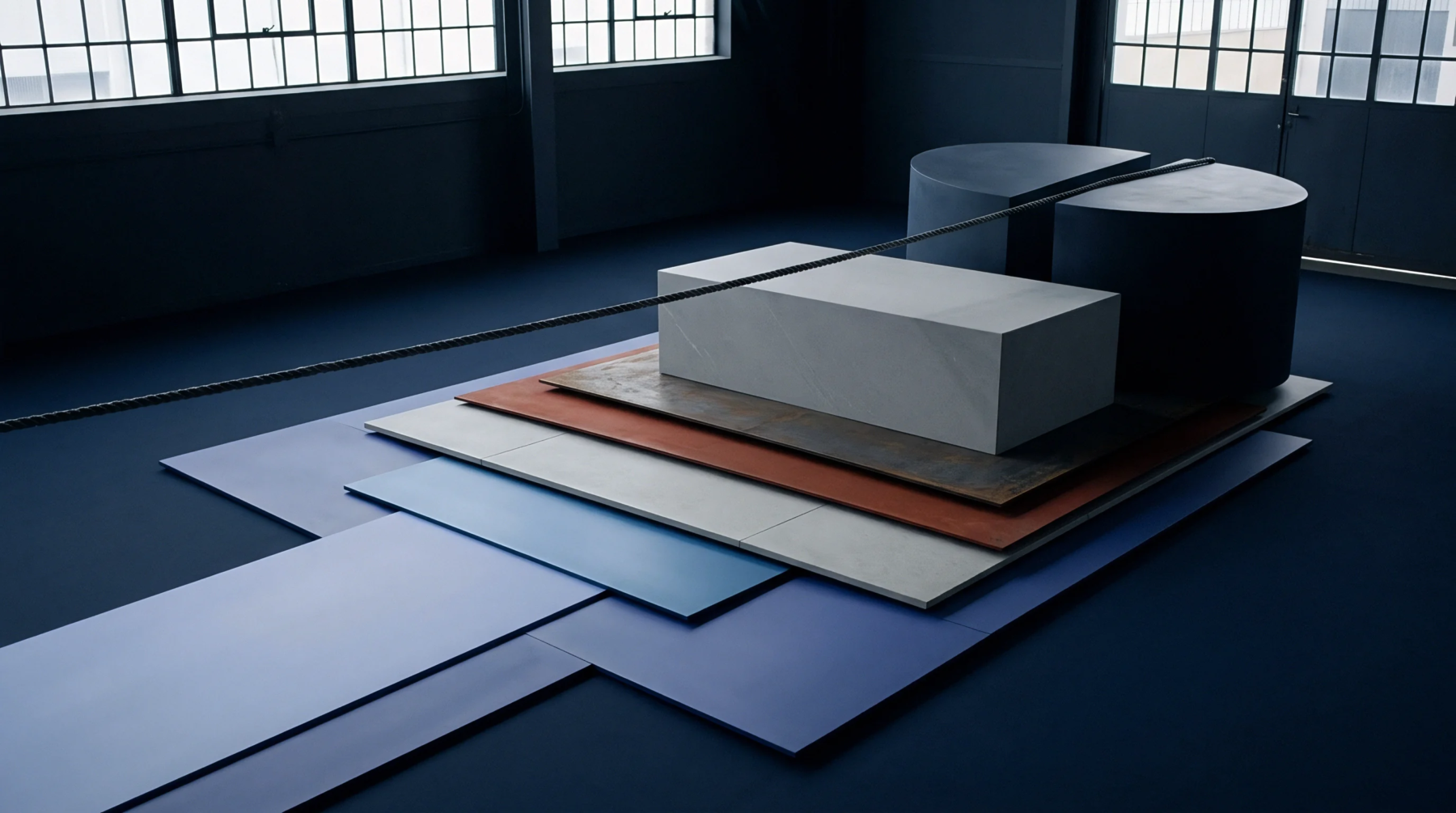 Rectangular ceramic blocks and stacked material panels lie arranged on a low platform within an industrial warehouse facility designed for raw material inspections.