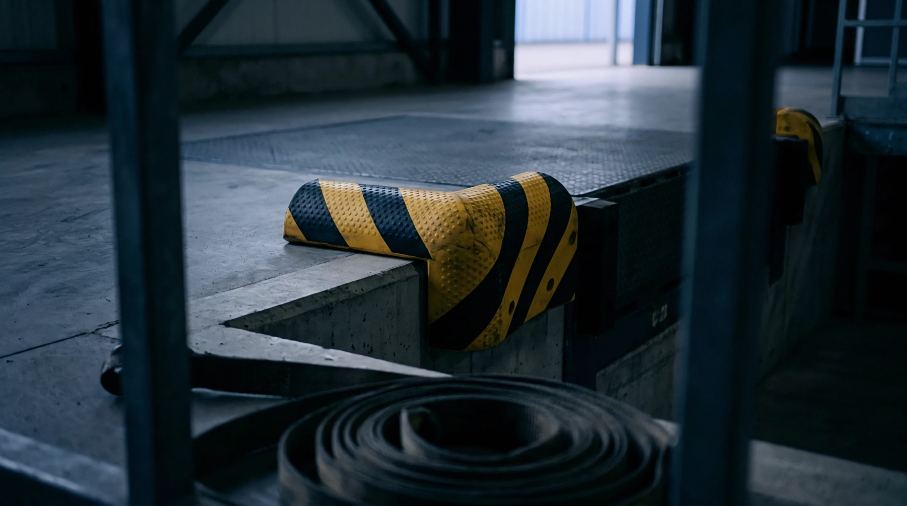 A warehouse loading dock edge features a yellow and black rubber impact guard and a rolled industrial cargo strap.