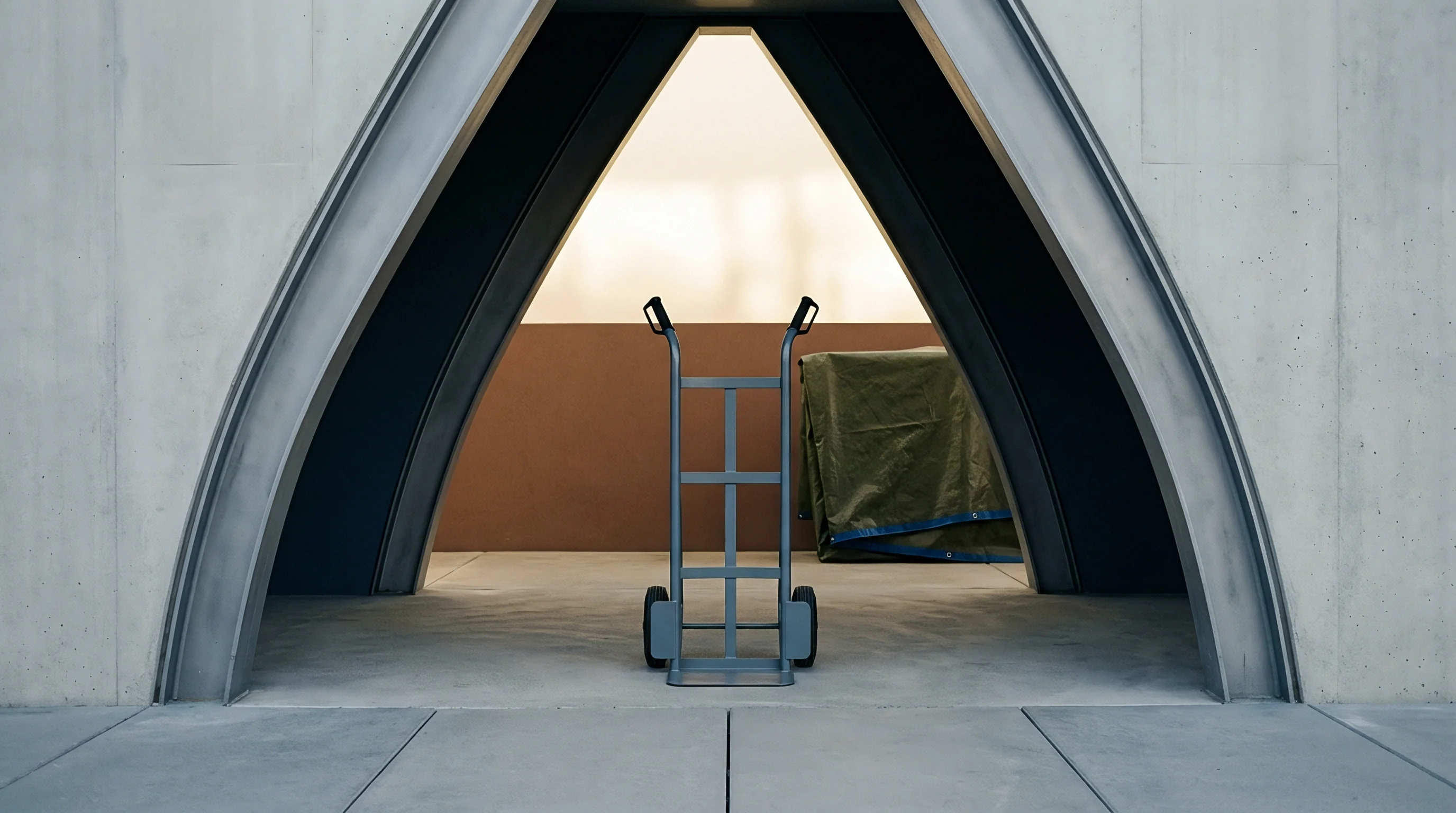 A gray metal hand truck with black rubber handles and wheels stands centered in a contemporary arched concrete passageway.