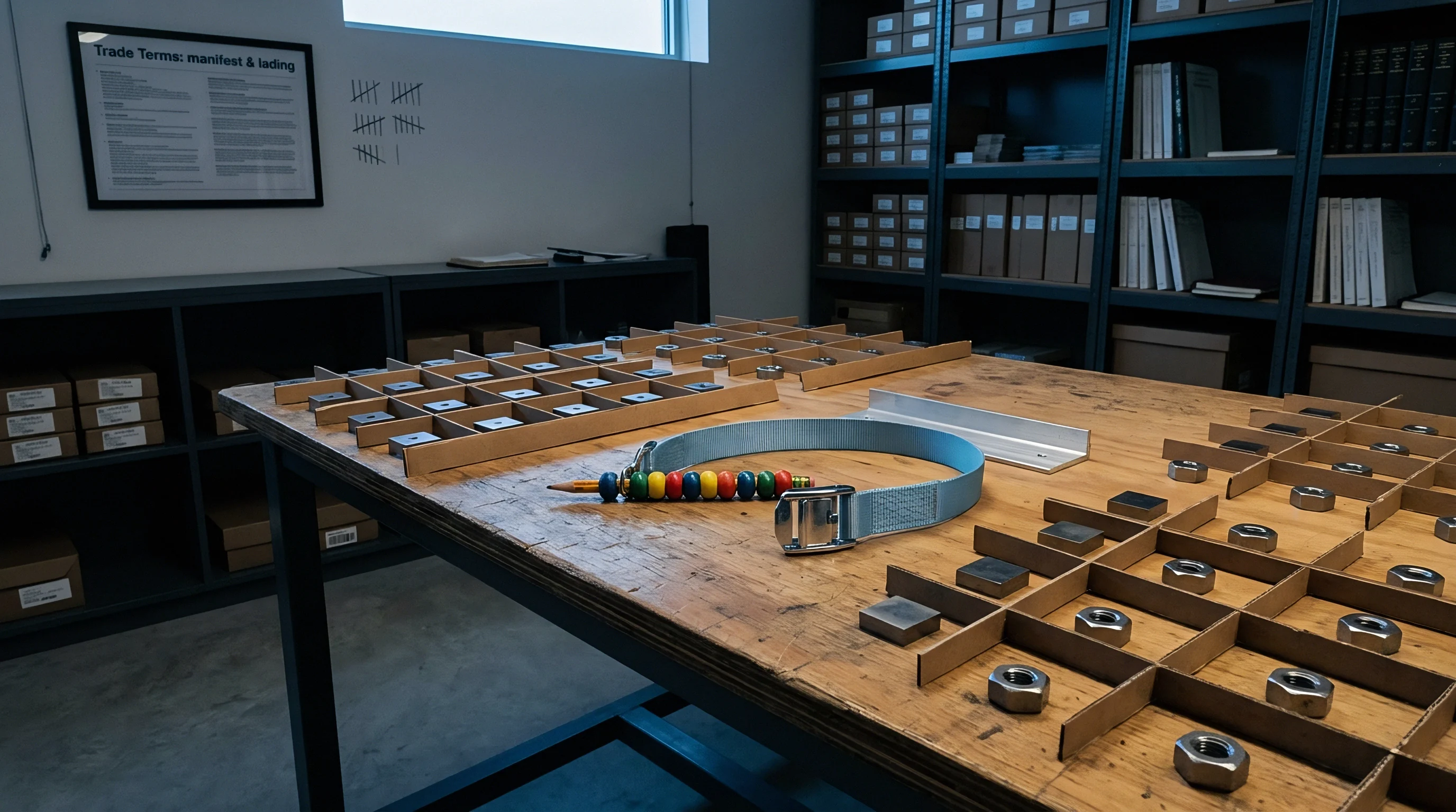 Hex nuts are organized within cardboard partitions on a wooden workbench amidst shipping straps and inventory documentation in a controlled logistics facility.