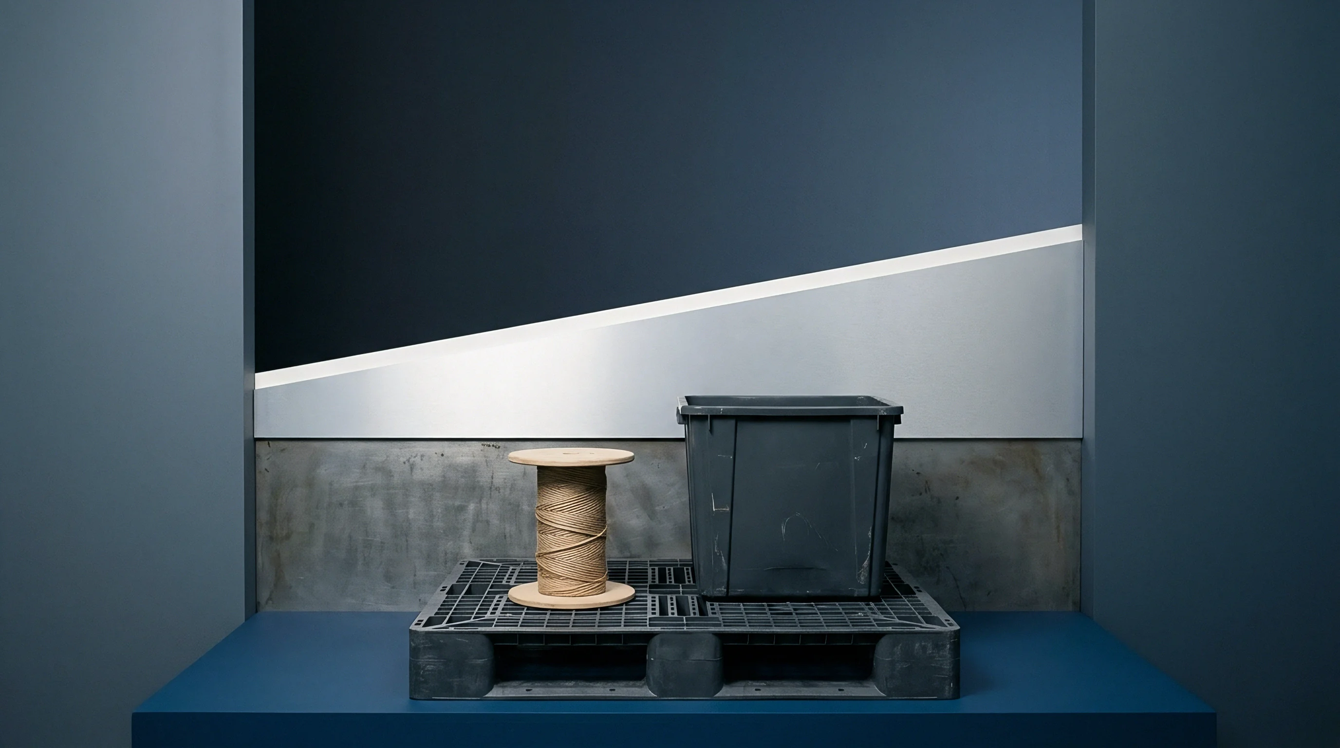 A wooden spool of natural fiber twine and a dark grey plastic storage crate are precisely arranged on a plastic pallet in an industrial setting.