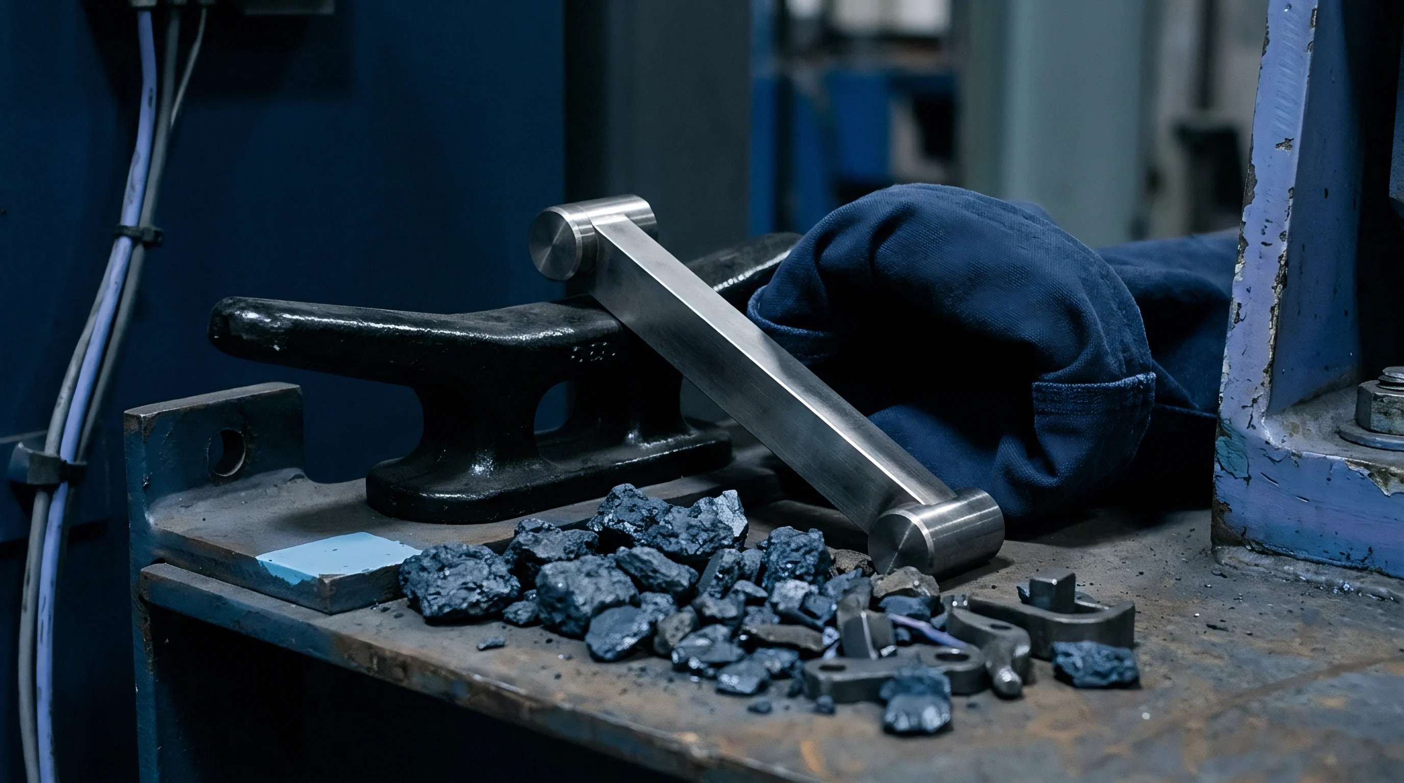 A polished steel linkage rod rests beside a heavy cast cleat and raw metallurgical slag on a factory workbench.