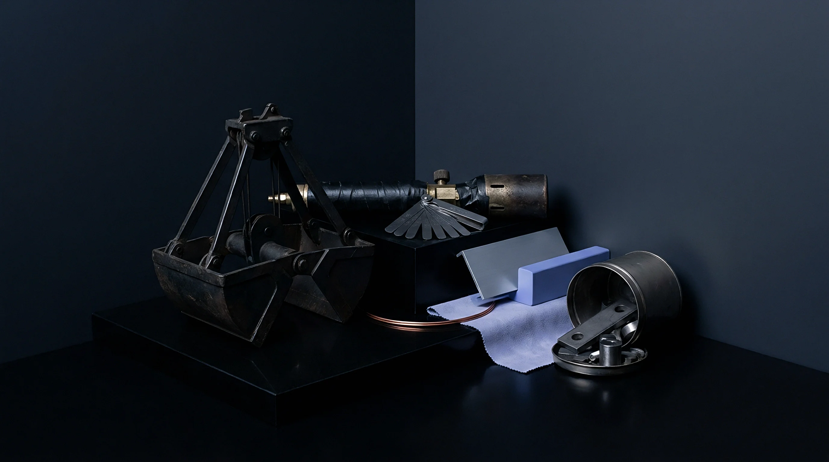 A collection of precision manufacturing tools and industrial components sits arranged on dark display pedestals against a shadowed corner wall.
