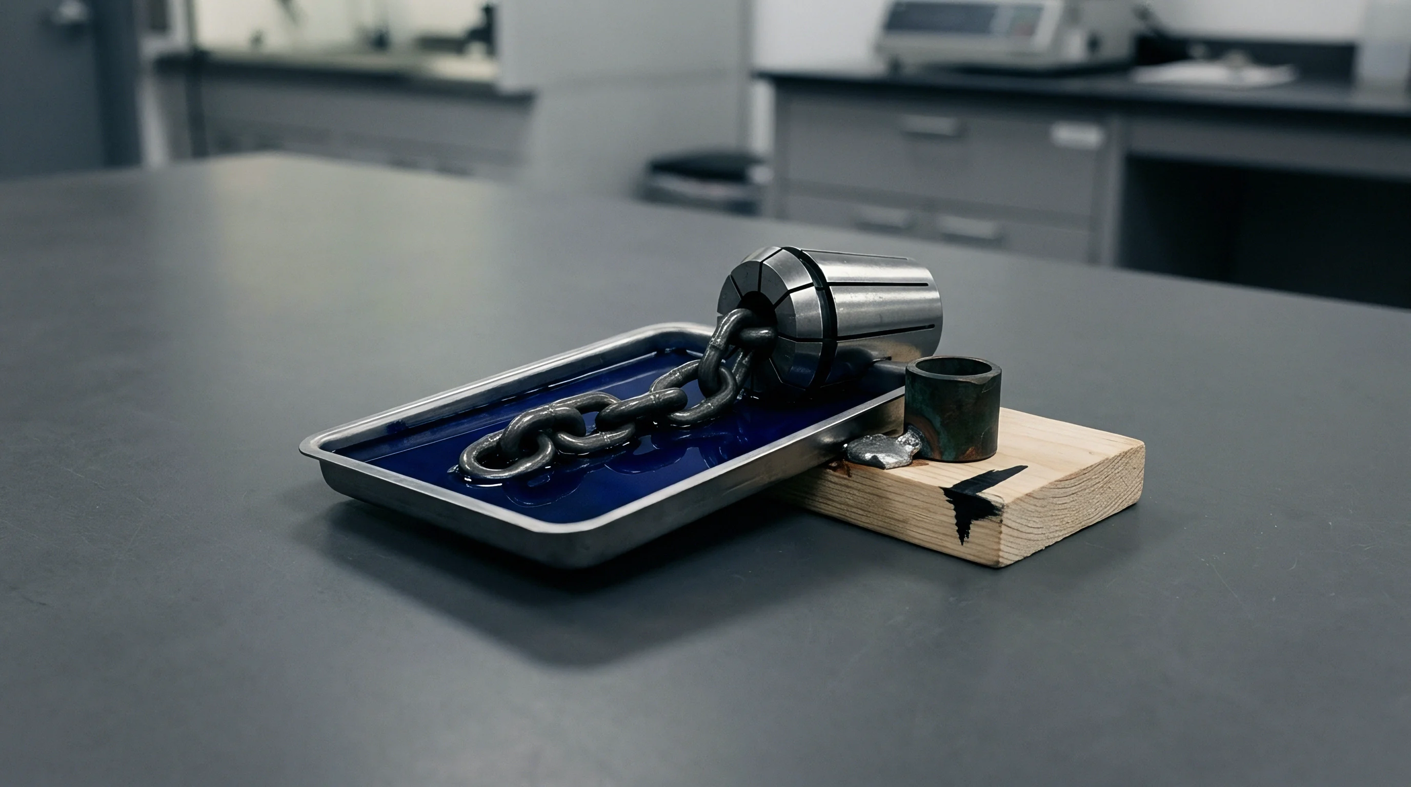 A metal collet and a steel chain link sit submerged in blue dye penetrant within a steel tray balanced on a wood block.