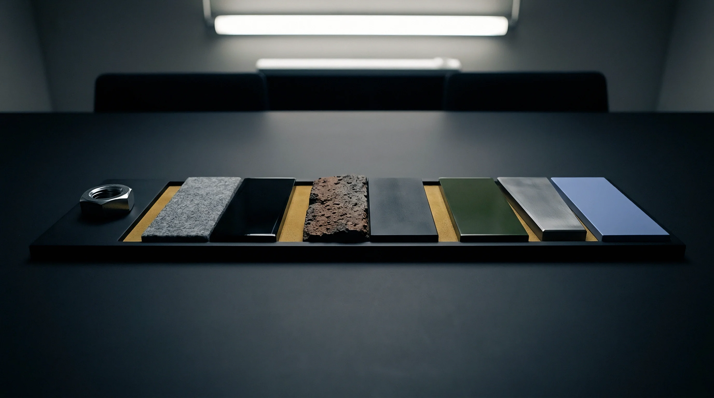 Diverse industrial material swatches comprising metal polymers and aggregates rest within a compartmentalized sample tray positioned across a dark inspection workbench under overhead illumination.