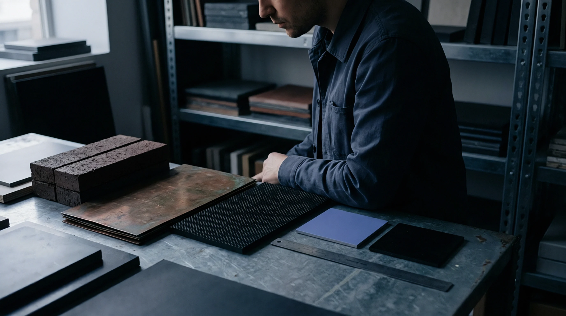 A production technician inspects physical material samples arranged on a metal work table inside an industrial component manufacturing workshop.