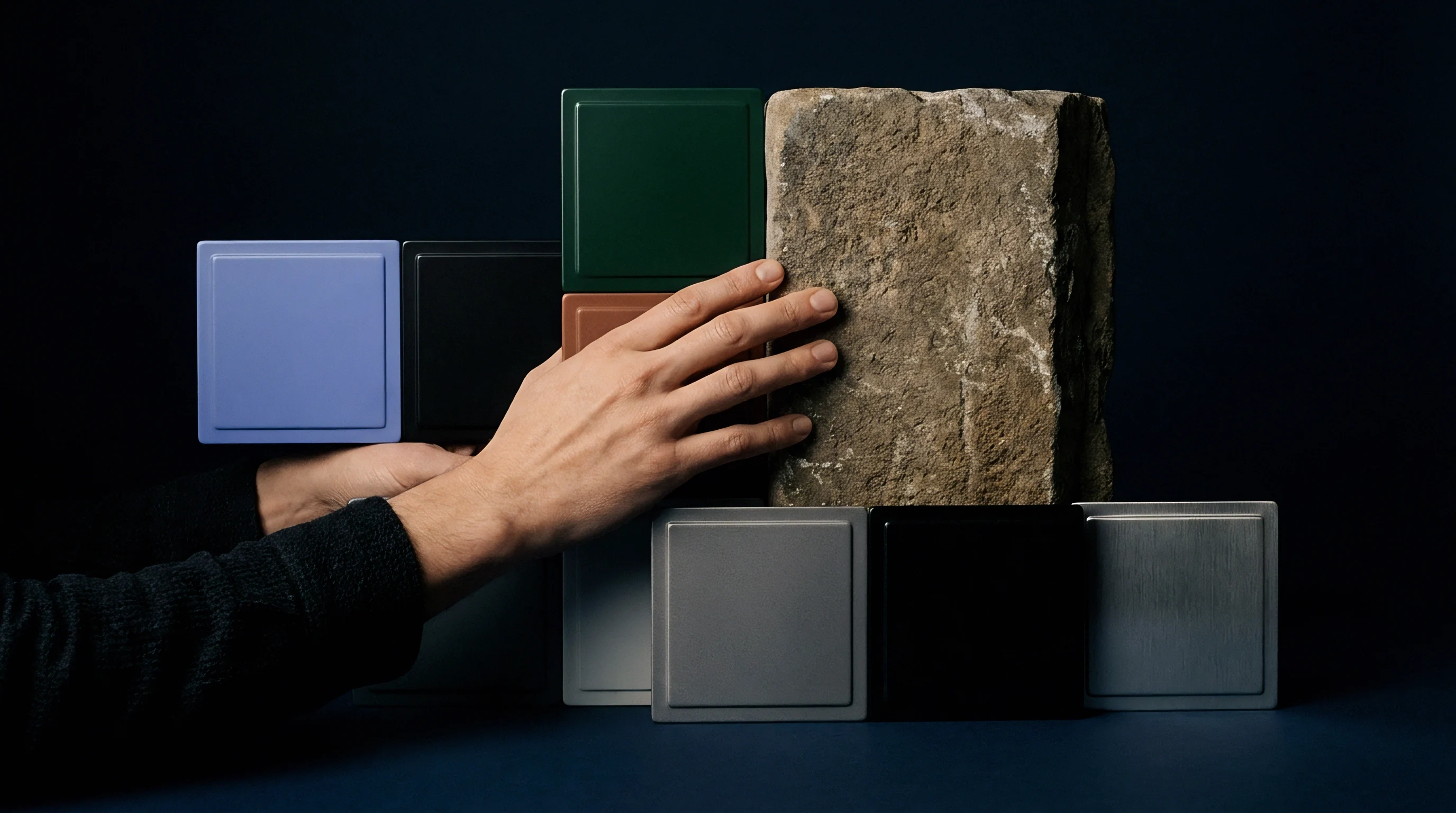 A human hand inspects a rough stone block surrounded by colored ceramic sample plates on a dark studio surface.