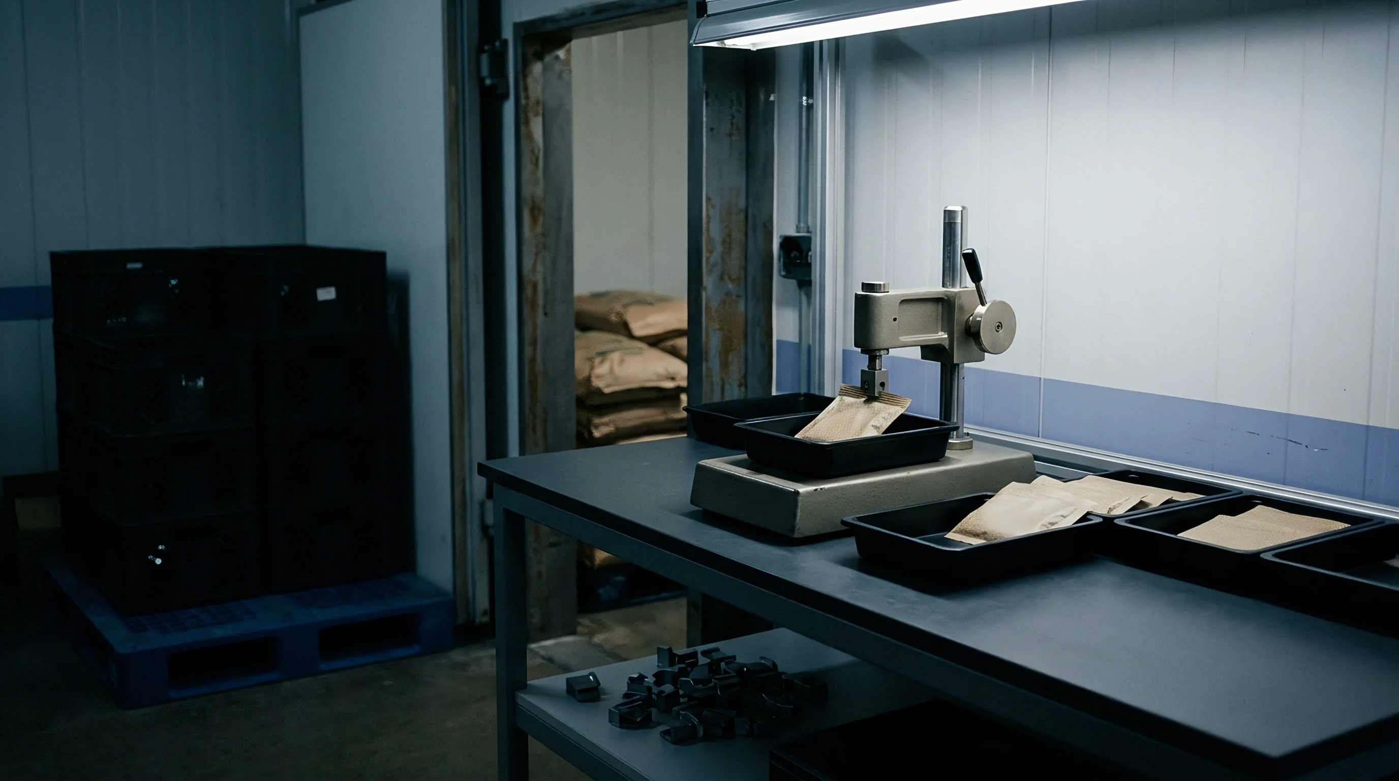 A manual packaging press sits on a dark grey workbench inside a temperature controlled material inspection warehouse.