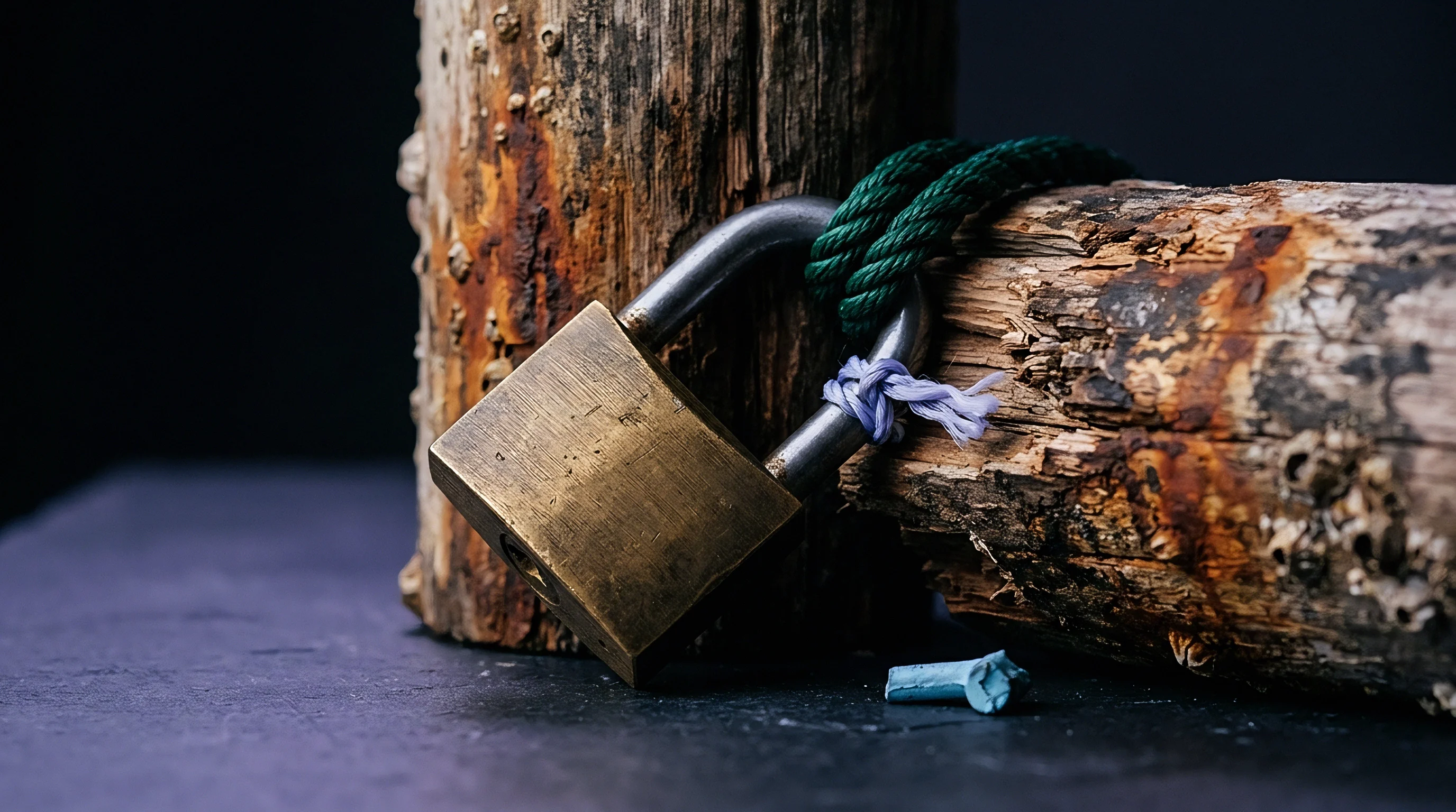A brass padlock and rope bind weathered wooden logs on a dark surface, symbolizing containment and secure transit.