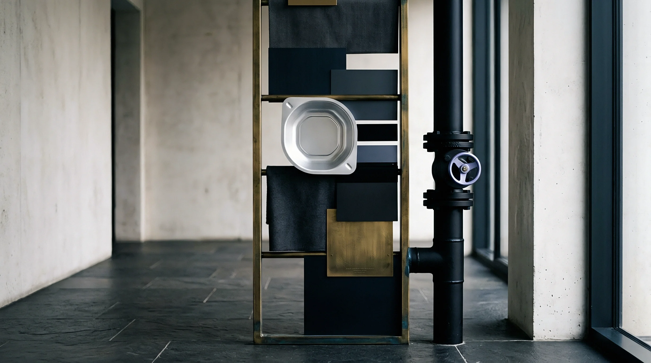 A metal sample display rack stands next to a black industrial pipe with a manual valve wheel in a minimalist concrete room.