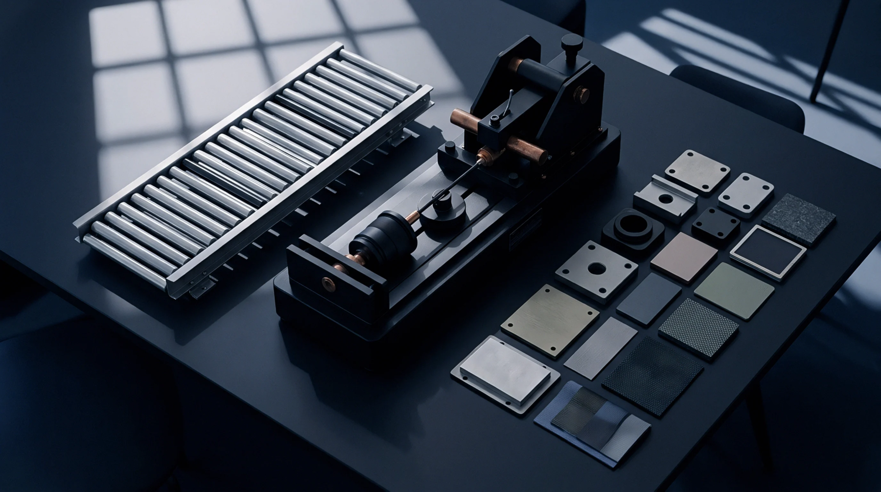 A digital render displays a workbench equipped with a material testing fixture, miniature conveyor, and inspection sample plates.