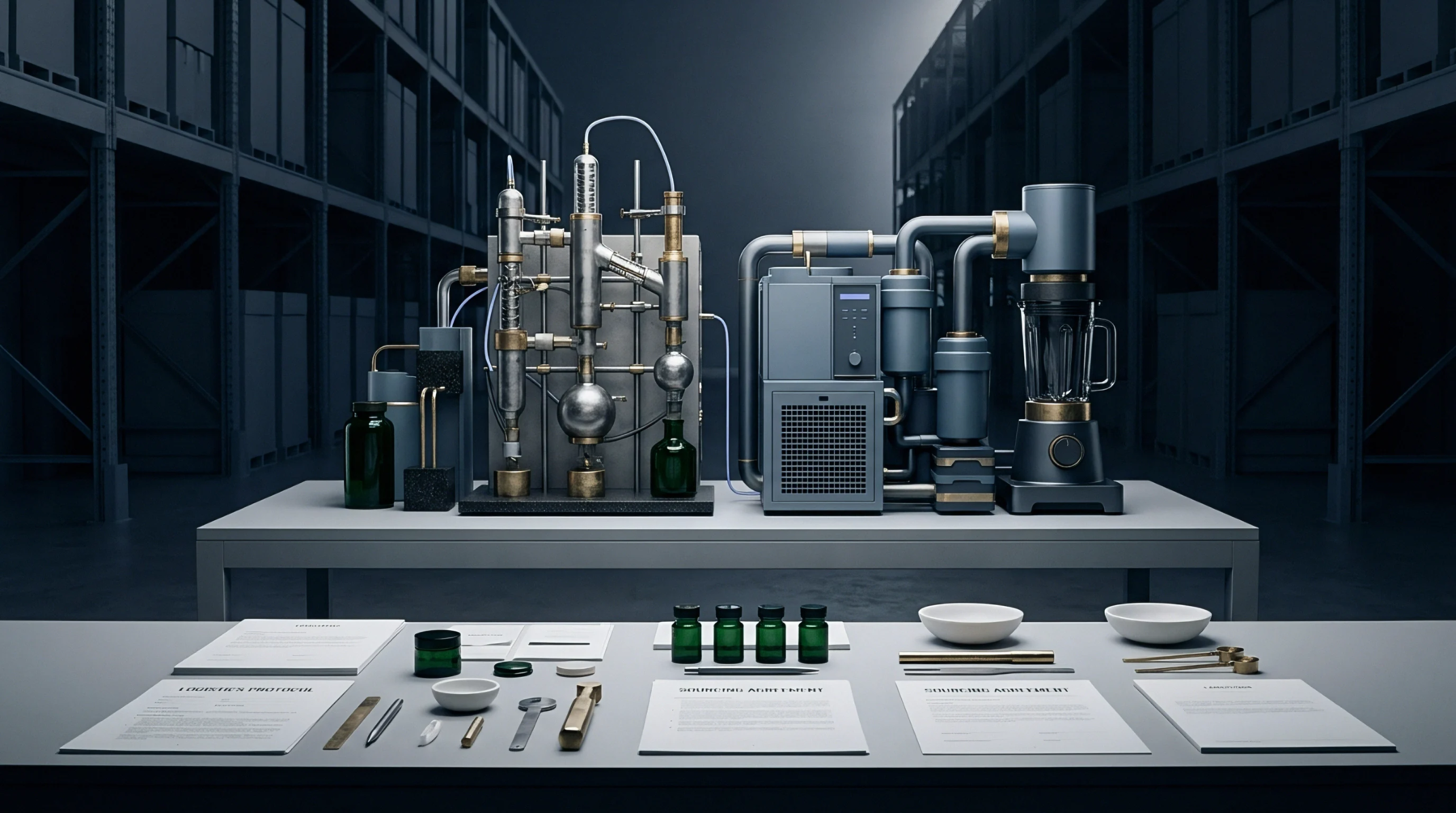 A digital rendering displays materials analysis apparatus alongside documents and samples organized on worktables inside an industrial warehouse.