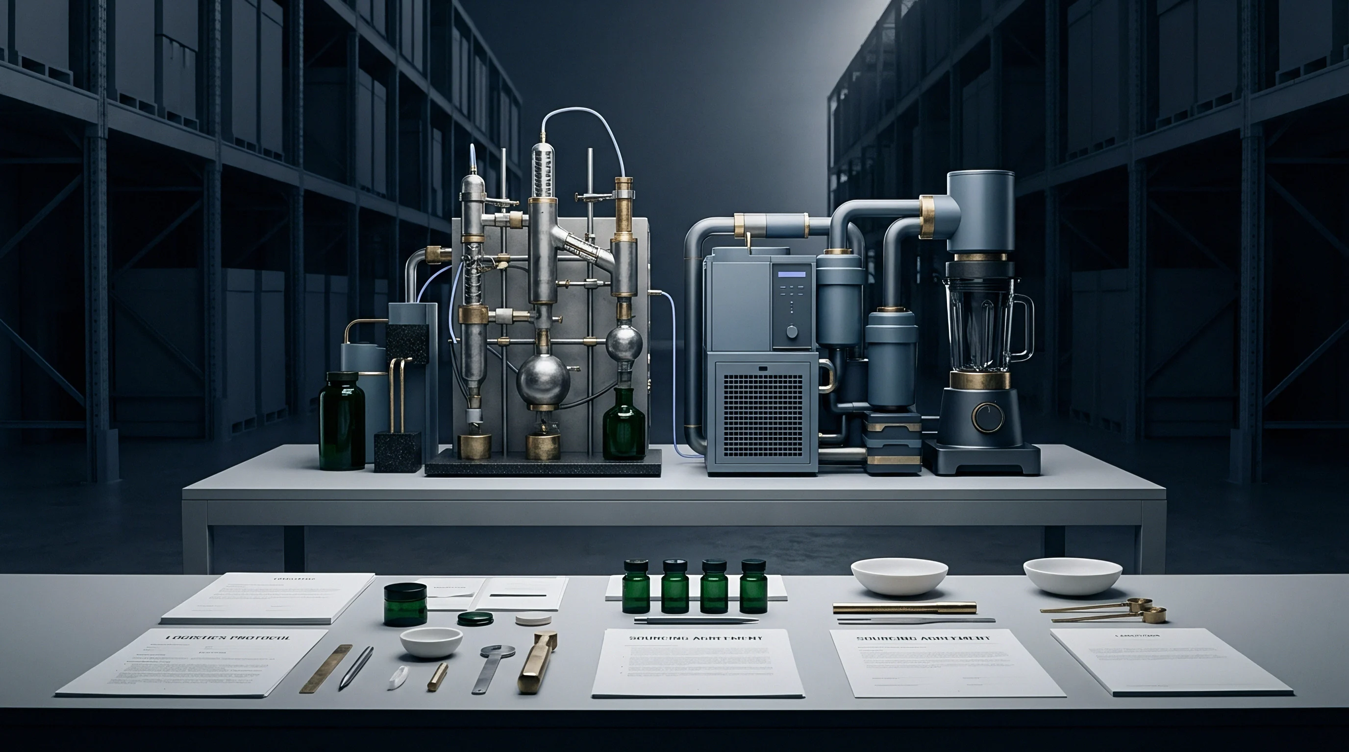 A digital rendering displays materials analysis apparatus alongside documents and samples organized on worktables inside an industrial warehouse.