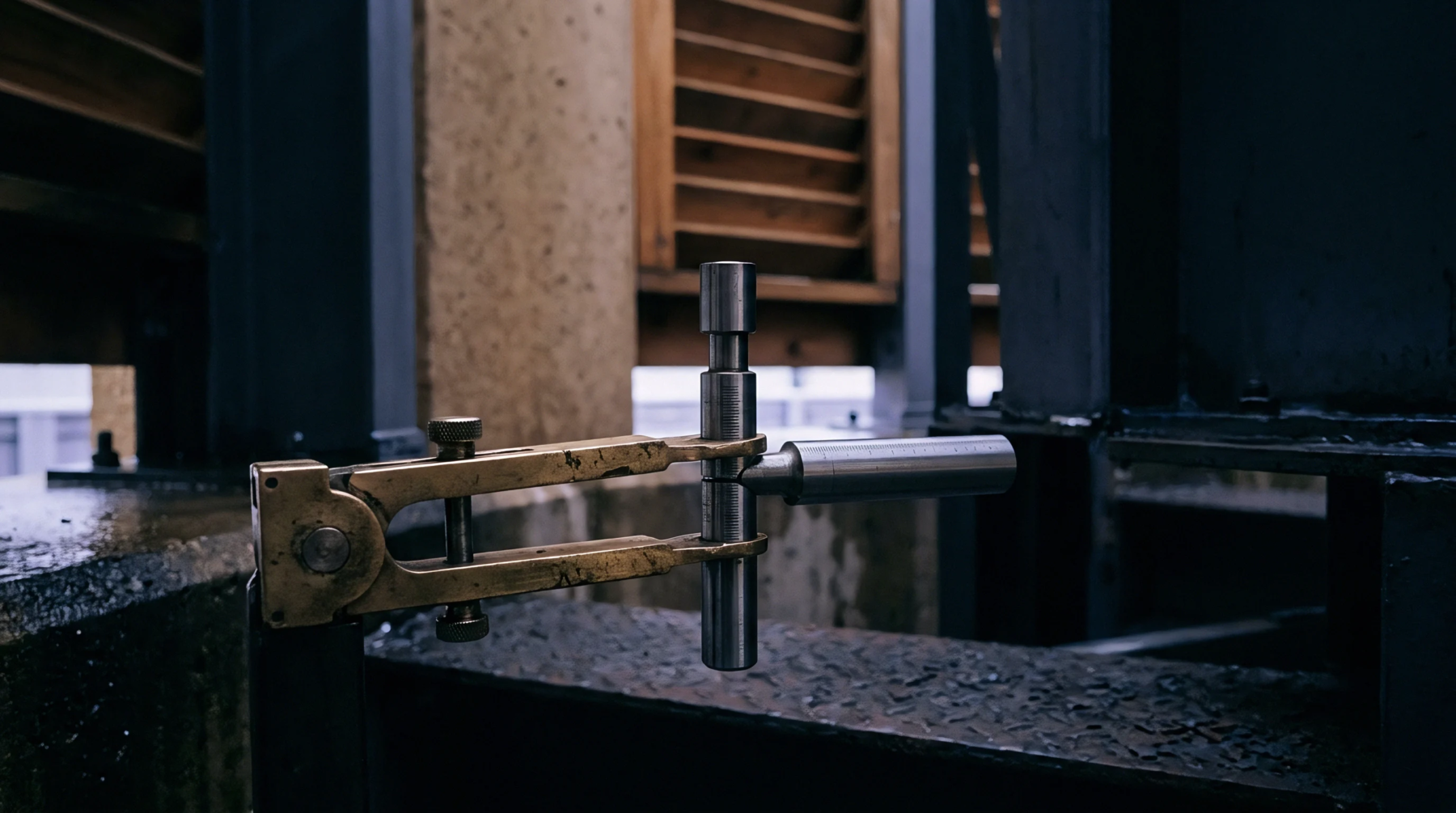 A brass mechanical joint meter clamped to stainless steel reference bars sits on a dark steel girder in an industrial facility.