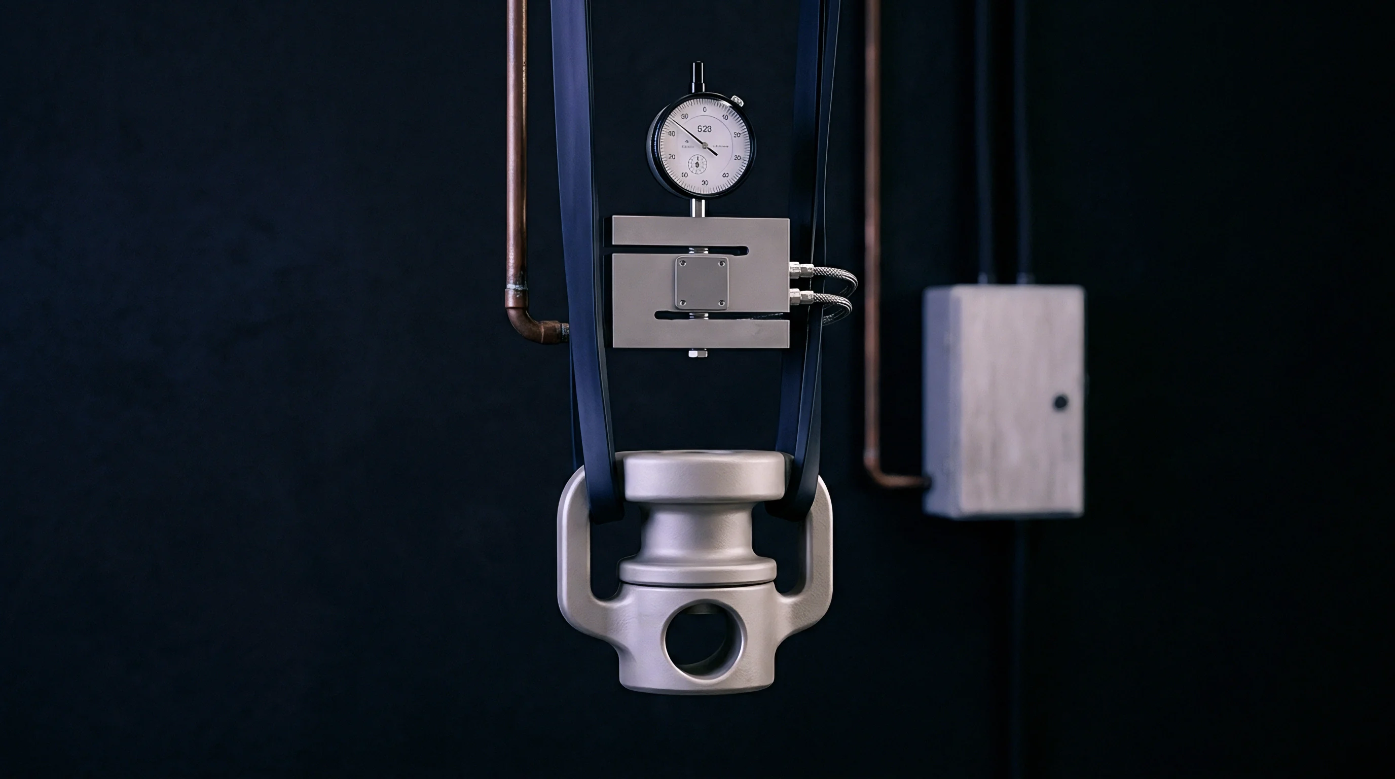 A metal S type load cell connects to a circular dial indicator above a heavy duty hoist fitting suspended by thick straps.