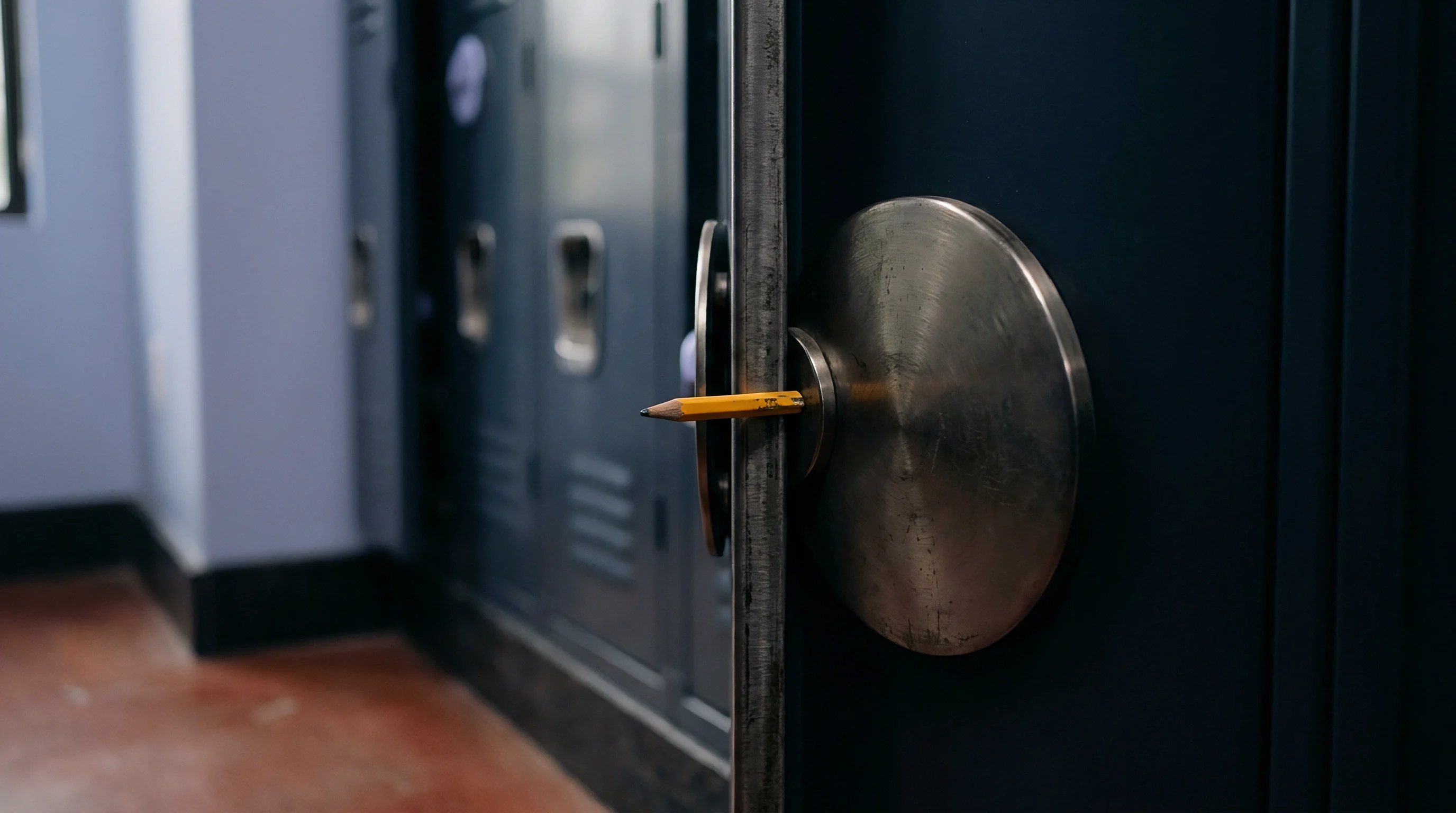 A yellow wooden pencil is wedged horizontally into the gap between a blue powder coated steel locker door and its frame.