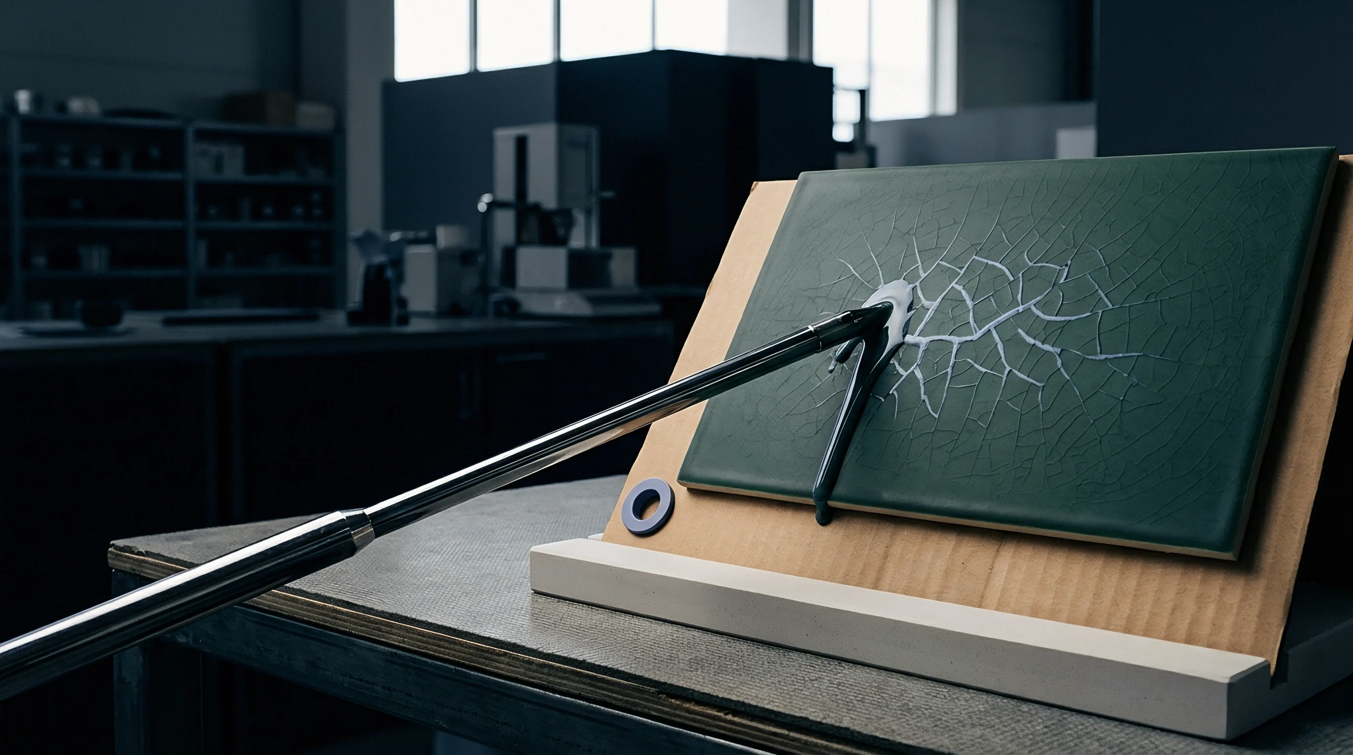 A robotic mechanical arm applies force to a dark green ceramic tile featuring a crackled glaze finish within a sterile quality control testing laboratory.